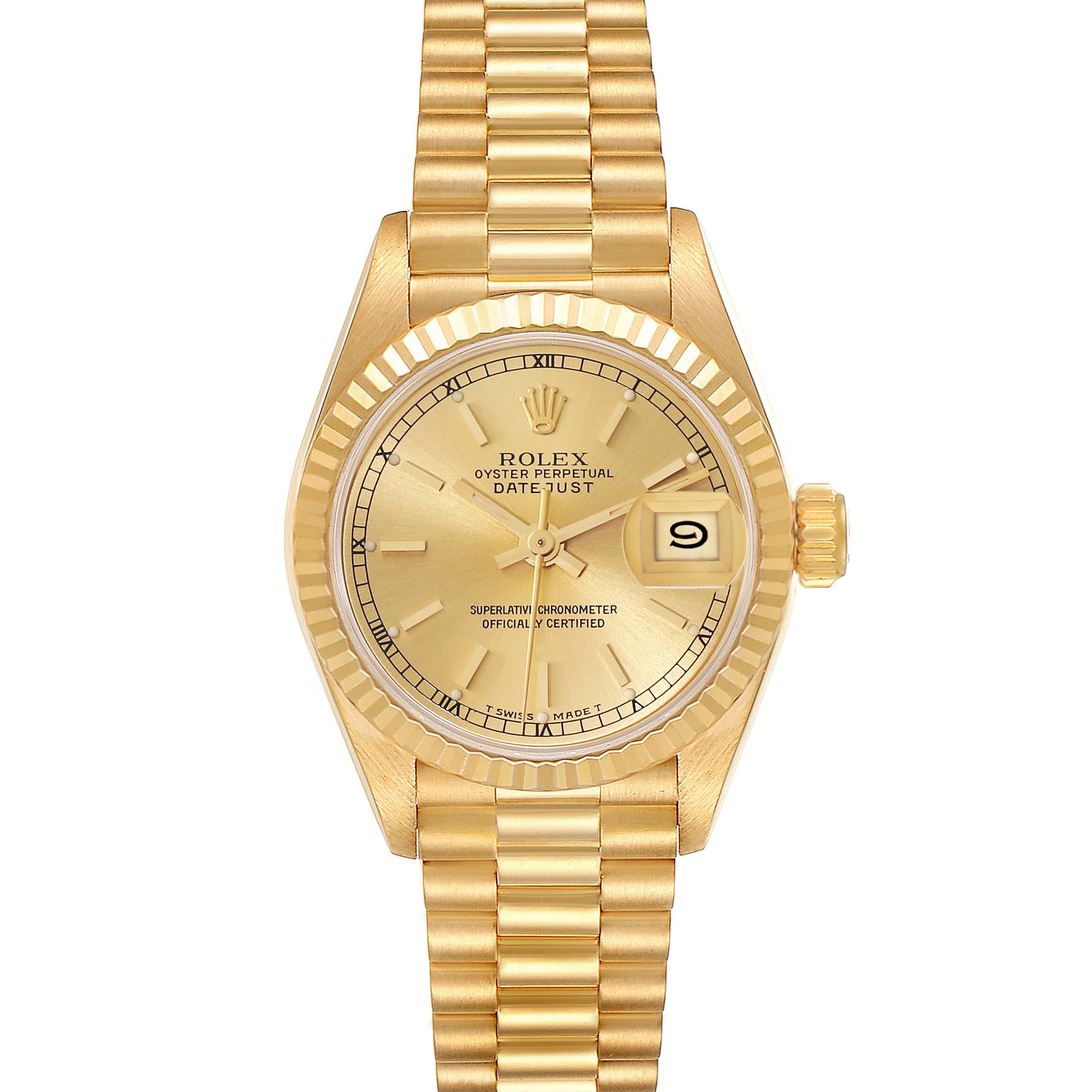 This is a Rolex President 69178 Women
s Yellow Gold Champagne Dial 69178 Women
s Yellow Gold Champagne Dial model watch shown from a top-down angle, displaying the dial, bracelet, and crown.