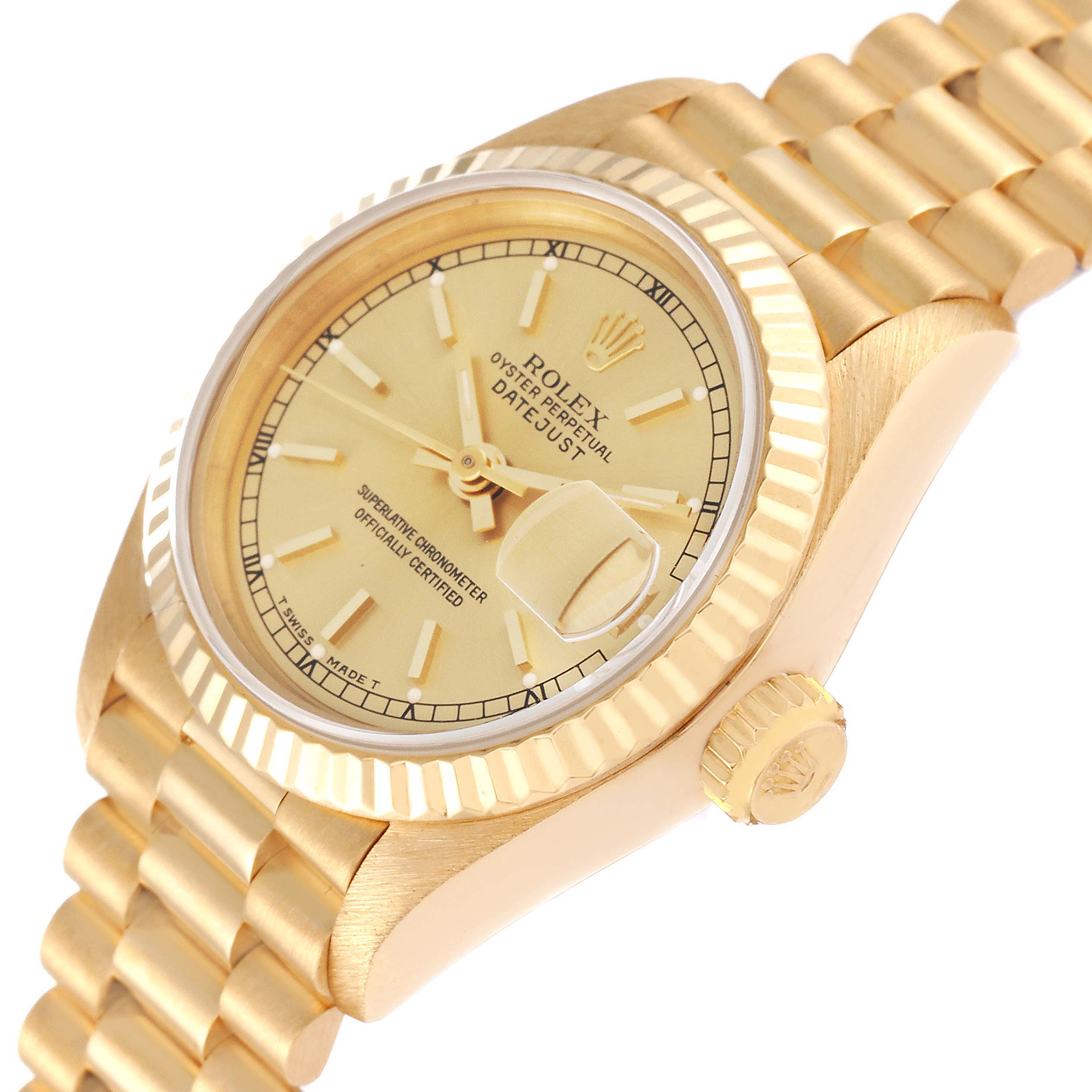 The image shows a Rolex President 69178 Women
s Yellow Gold Champagne Dial 69178 Women
s Yellow Gold Champagne Dial model watch with a gold case, bracelet, fluted bezel, and date window, viewed from an angle.