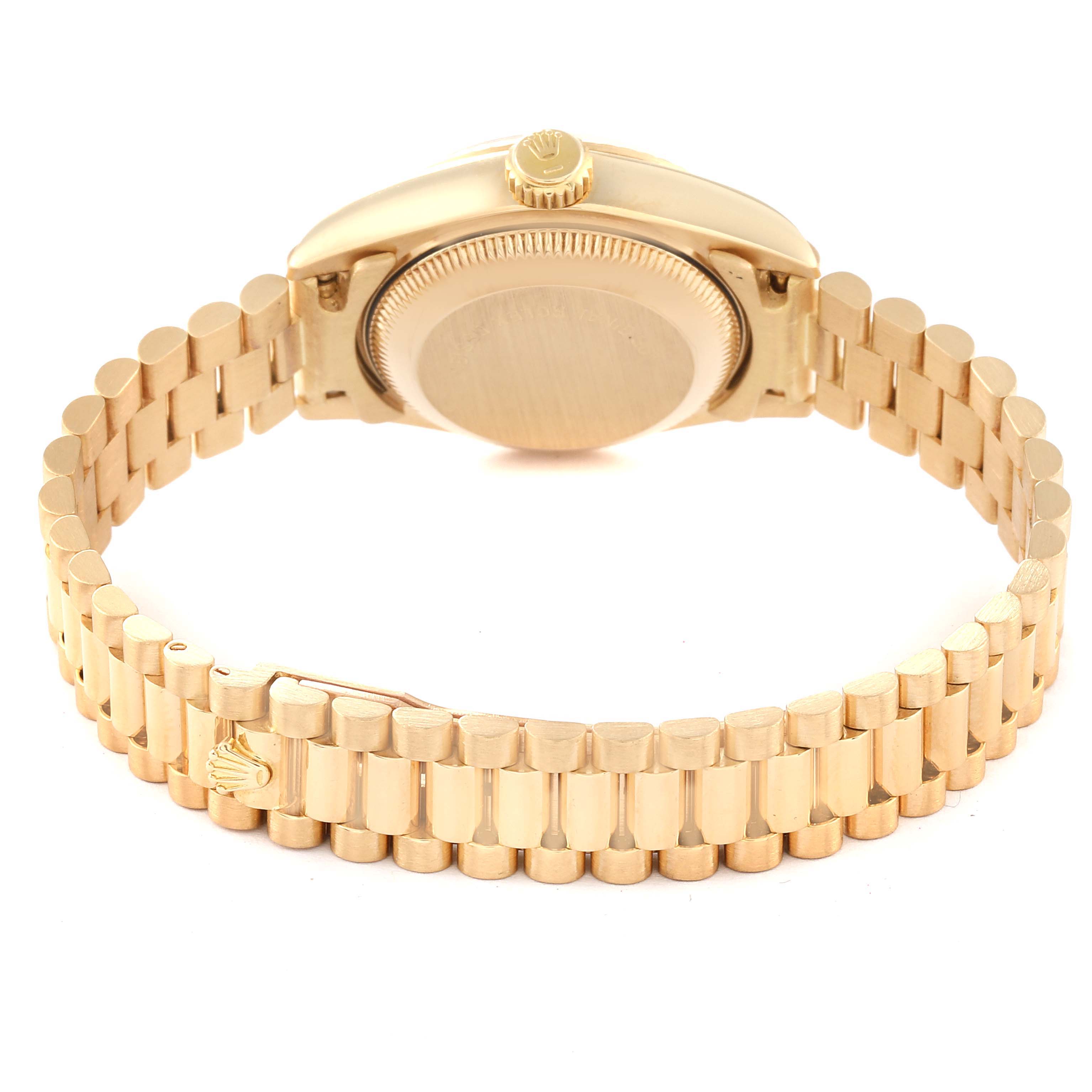 The image shows the back case and bracelet of a Rolex President 69178 Women
s Yellow Gold Champagne Dial 69178 Women
s Yellow Gold Champagne Dial model watch from a rear angle.