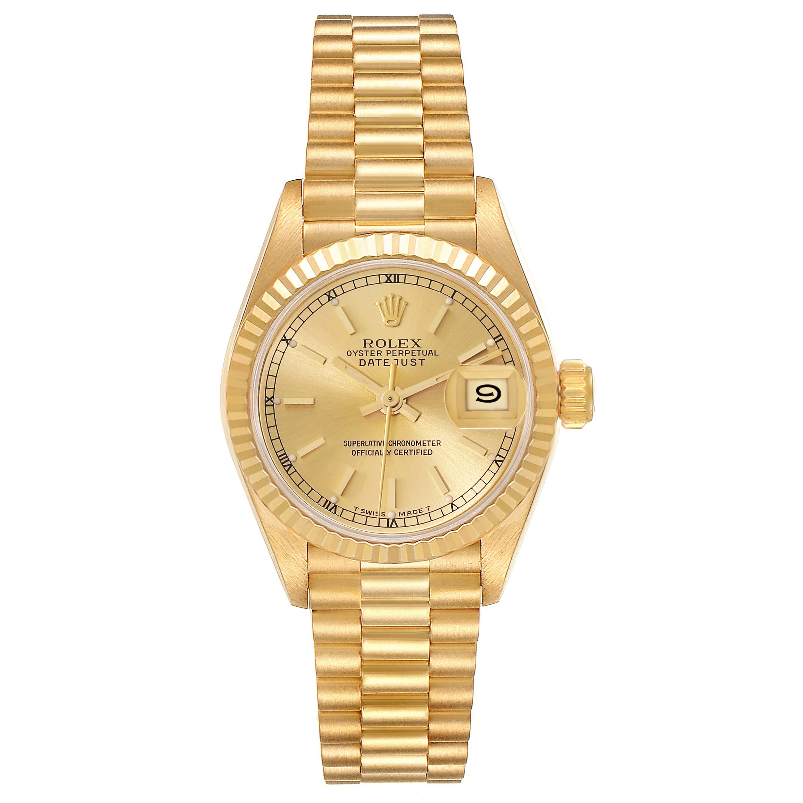 The image shows a front view of a Rolex President 69178 Women
s Yellow Gold Champagne Dial 69178 Women
s Yellow Gold Champagne Dial model watch, highlighting its dial, bezel, and bracelet.