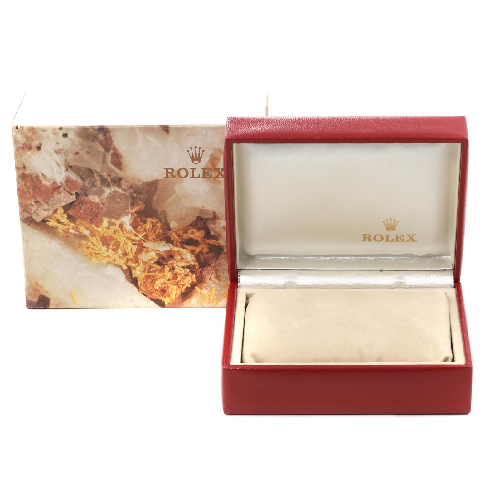 The image shows an open Rolex President 69178 Women
s Yellow Gold Champagne Dial 69178 Women
s Yellow Gold Champagne Dial model watch box with a cushion inside and the outer packaging.