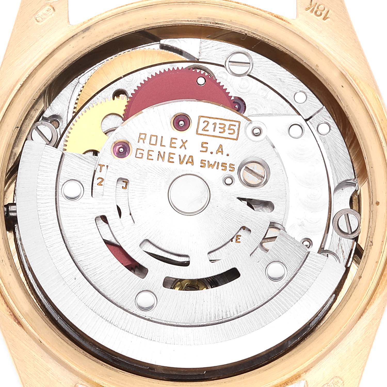 This image shows the intricate inner mechanisms of a Rolex President 69178 Women
s Yellow Gold Champagne Dial 69178 Women
s Yellow Gold Champagne Dial model watch from a top-down angle.