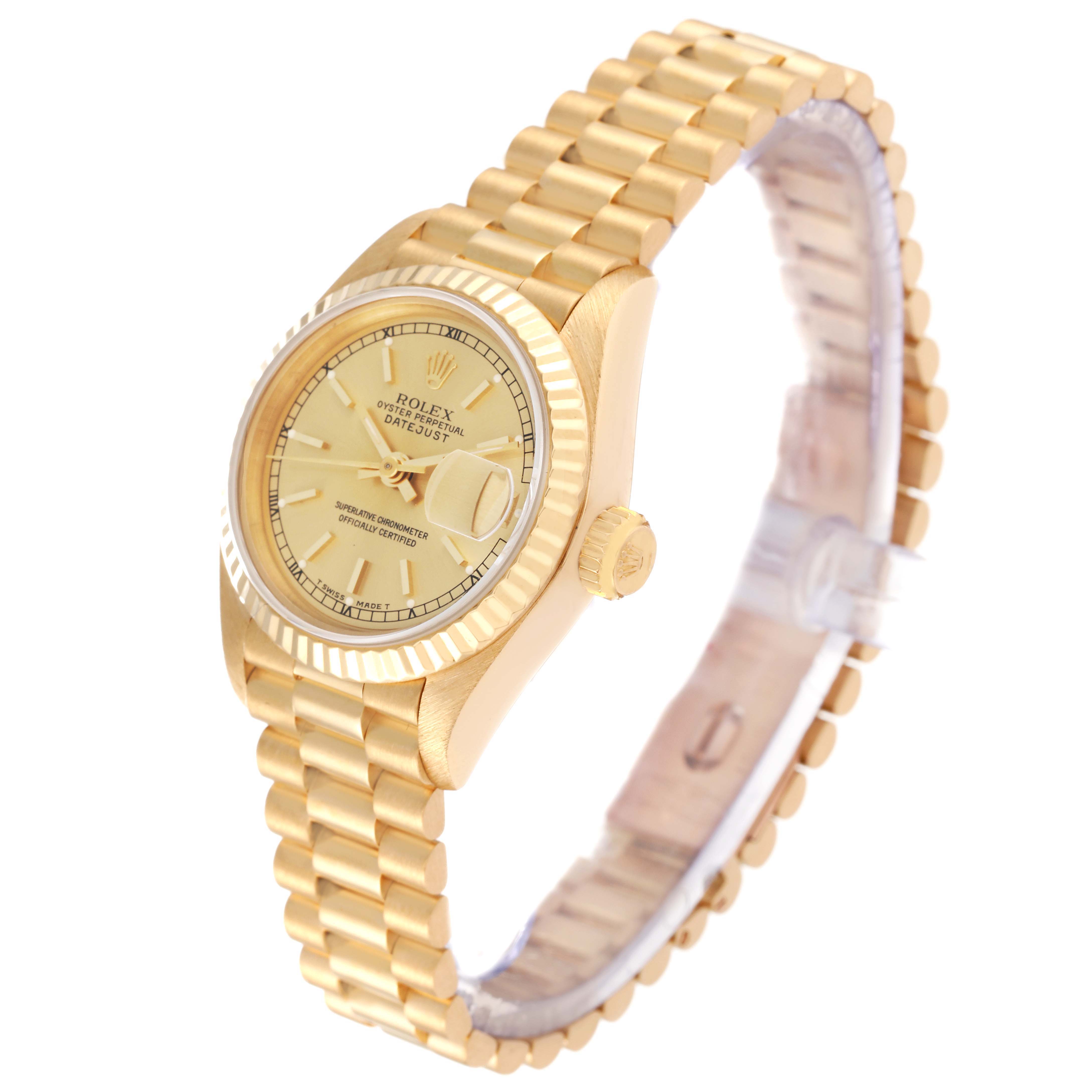 The image shows a Rolex President 69178 Women
s Yellow Gold Champagne Dial 69178 Women
s Yellow Gold Champagne Dial model watch from a front-left angle, highlighting the dial, bezel, and bracelet.