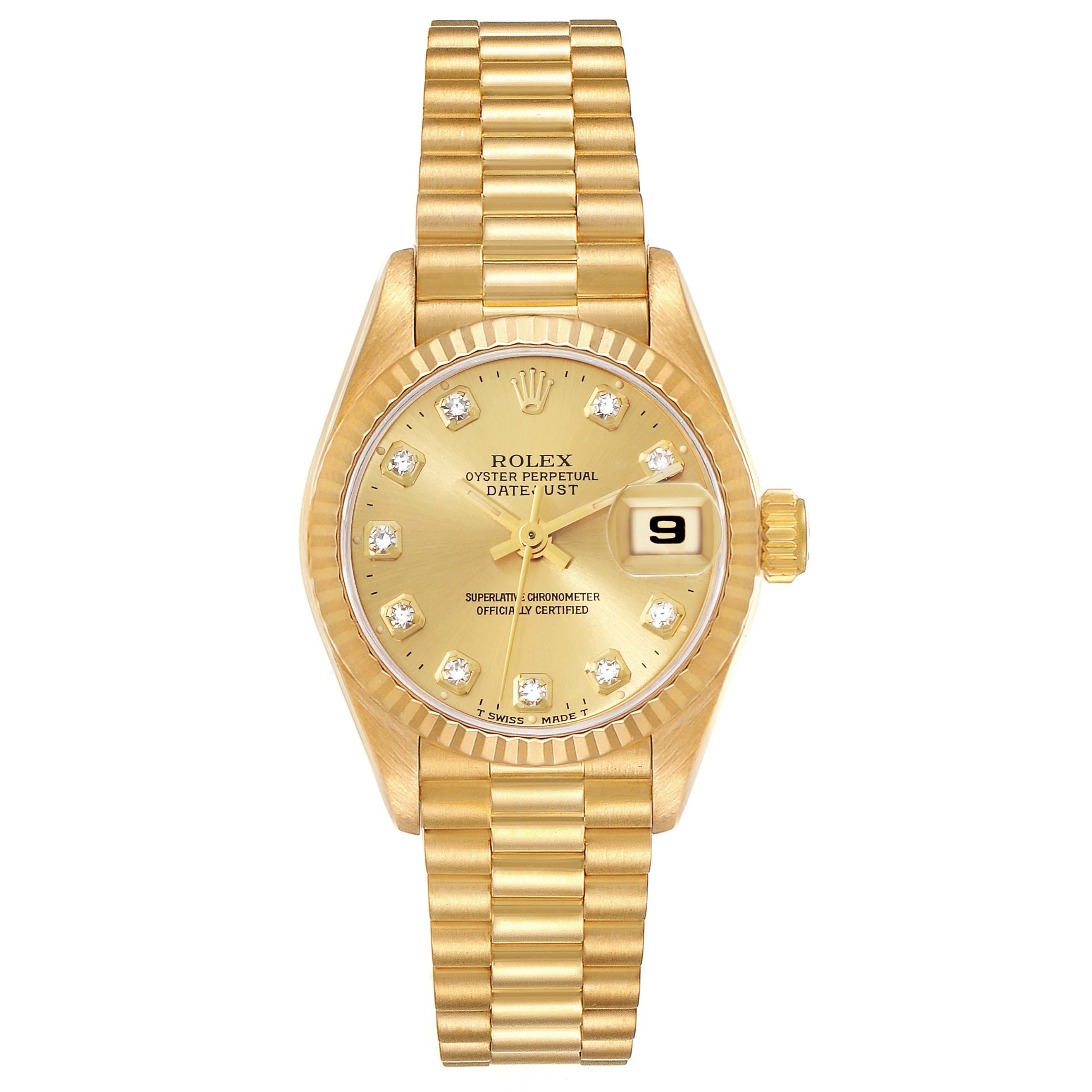 The Rolex President 69178 Women
s Yellow Gold Champagne Dial 69178 Women
s Yellow Gold Champagne Dial model watch is shown from the front, displaying the gold dial, date window, and President bracelet.