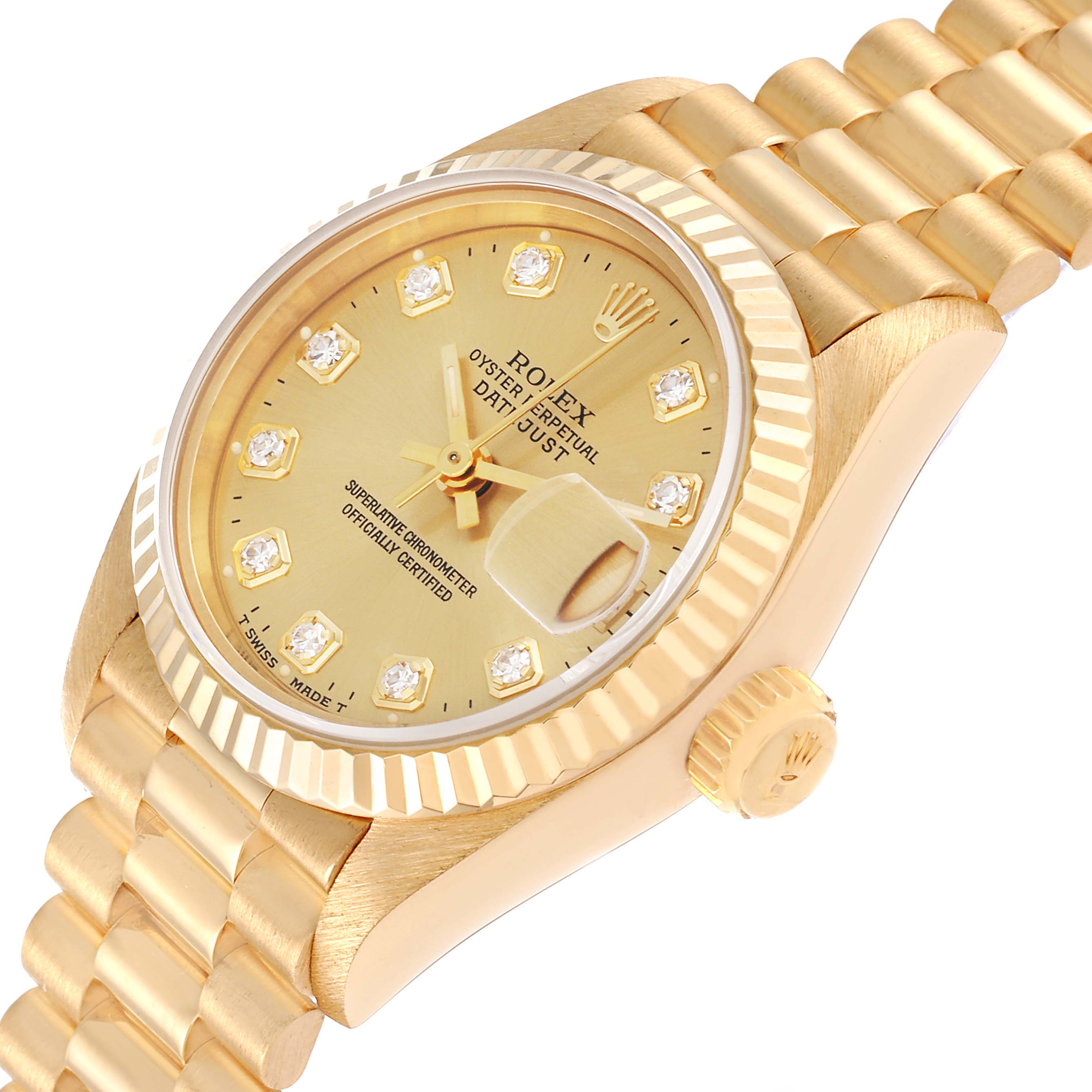 This image shows a close-up of the Rolex President 69178 Women
s Yellow Gold Champagne Dial 69178 Women
s Yellow Gold Champagne Dial model watch at an angle, highlighting its dial, bezel, bracelet, and crown.