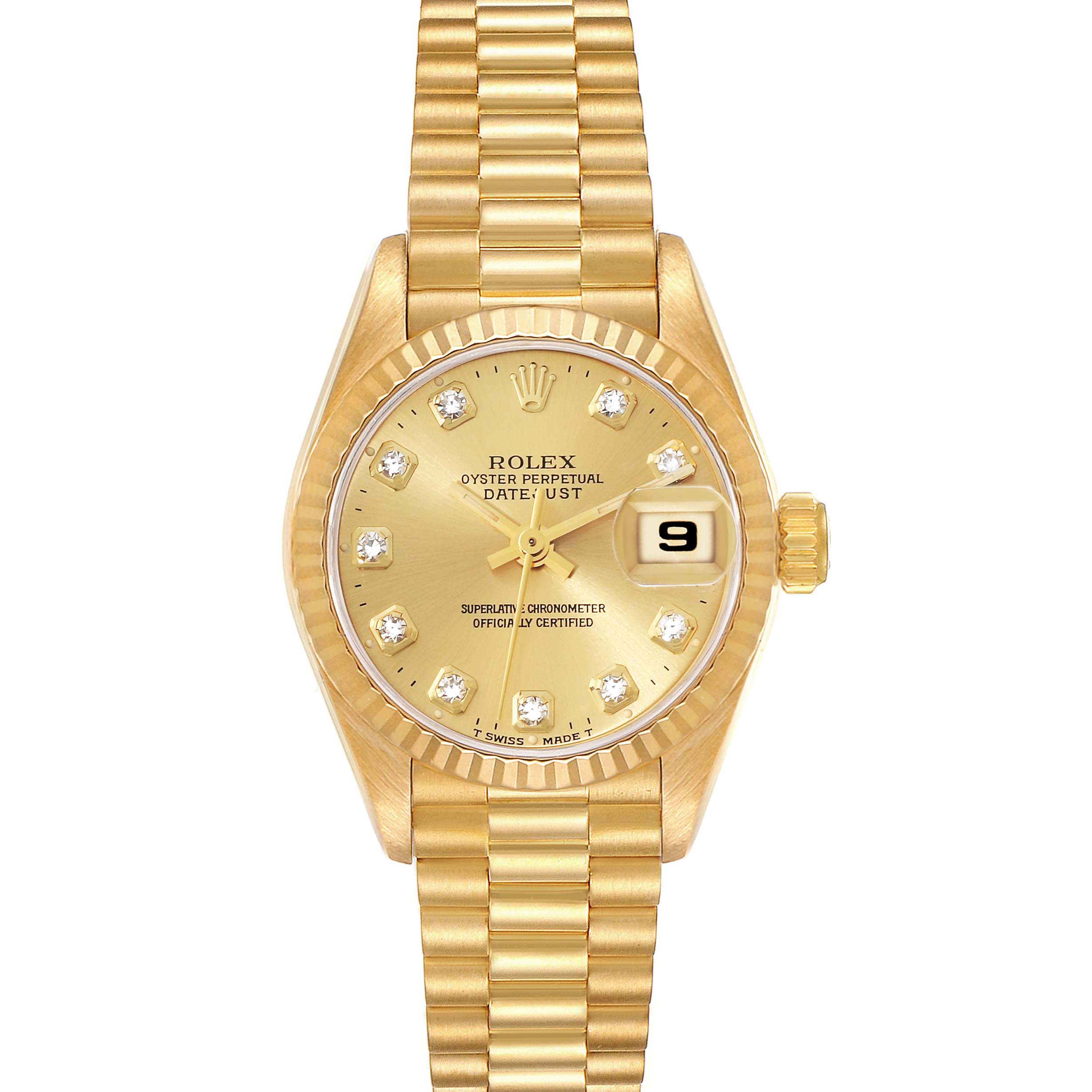 The image shows a Rolex President 69178 Women
s Yellow Gold Champagne Dial 69178 Women
s Yellow Gold Champagne Dial model watch with a gold band, gold dial, and date display at the 3 o
clock position.