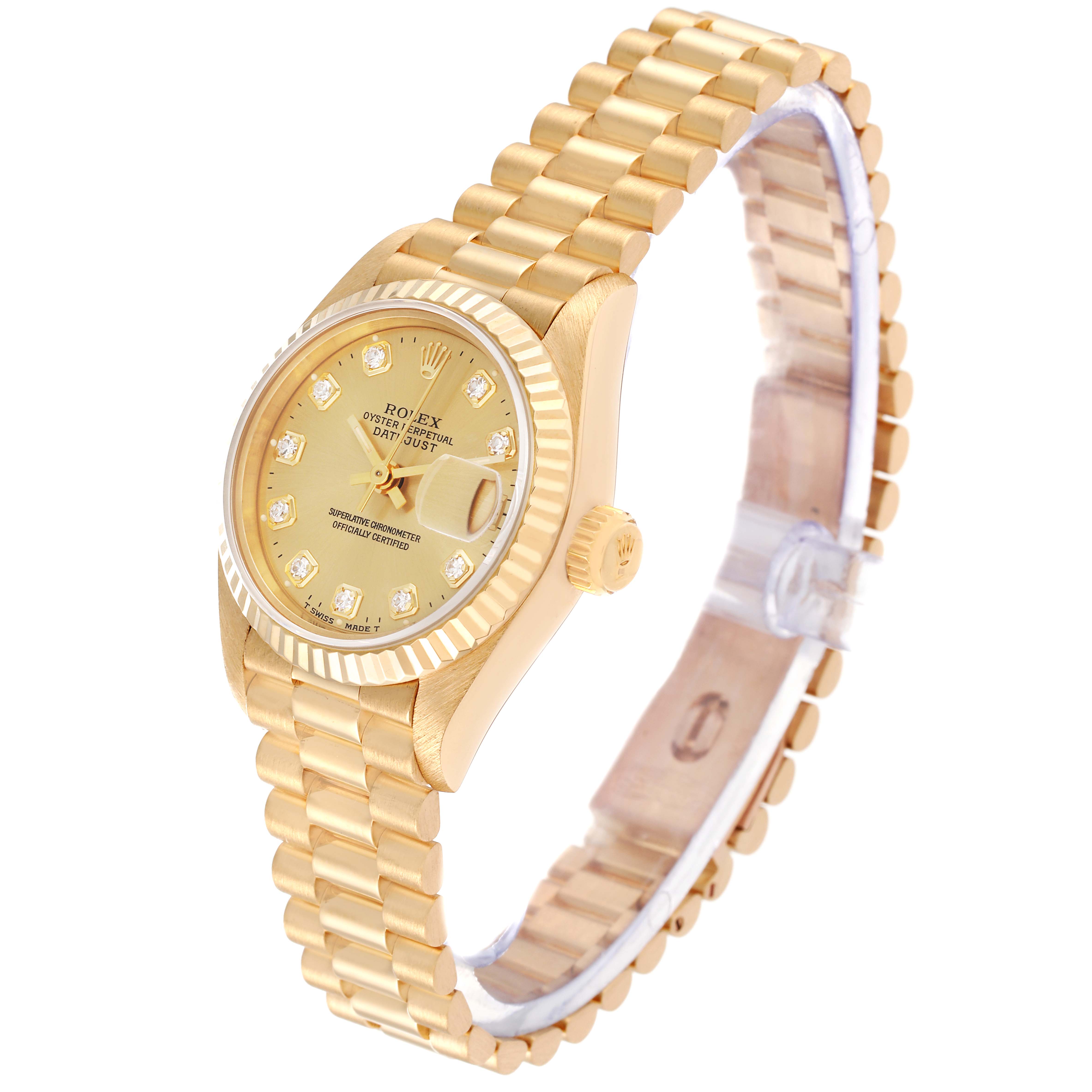 The Rolex President 69178 Women
s Yellow Gold Champagne Dial 69178 Women
s Yellow Gold Champagne Dial model watch is shown at a three-quarter view, displaying the bracelet, case, dial, and crown.
