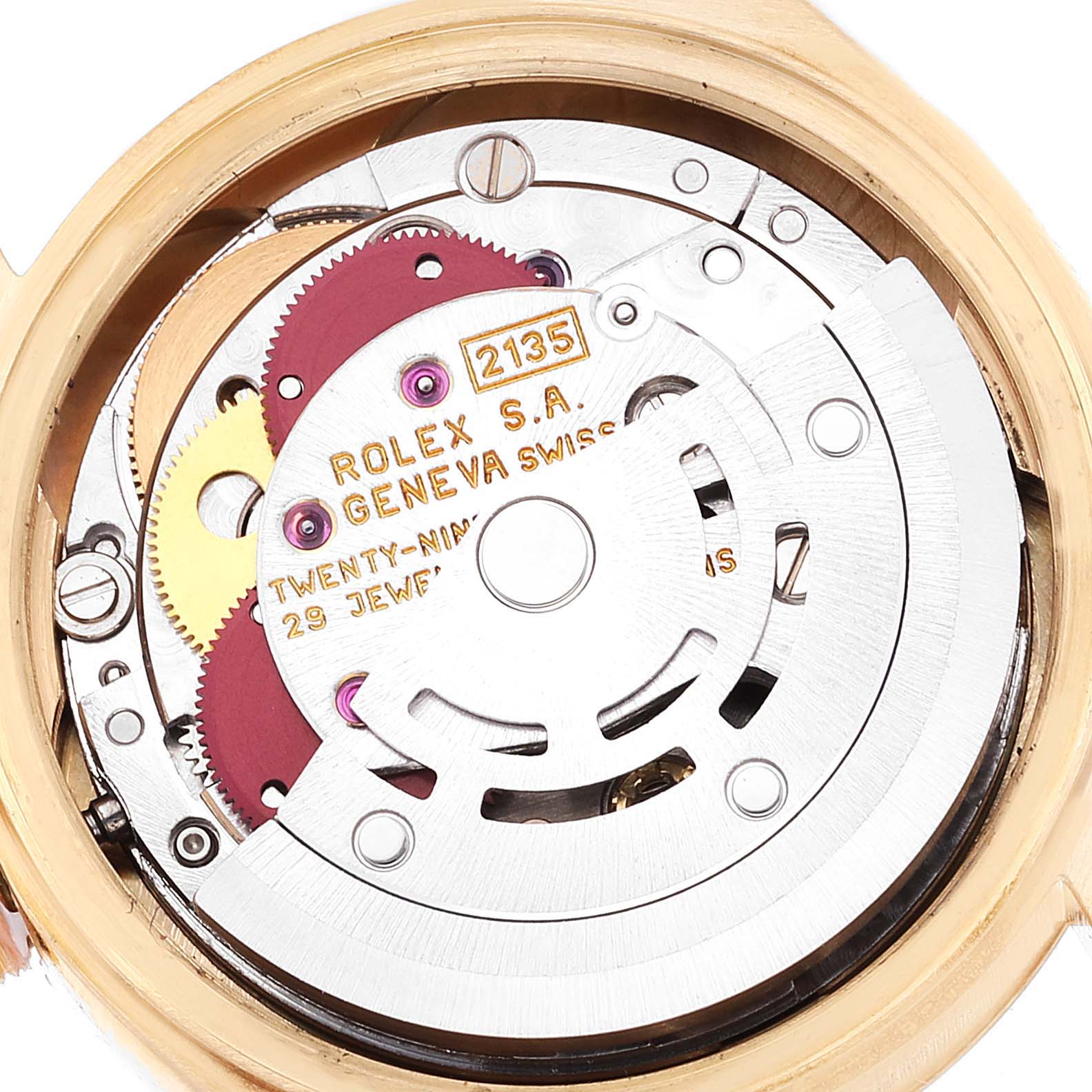 This image shows a close-up of the internal mechanism of a Rolex President 69178 Women
s Yellow Gold Champagne Dial 69178 Women
s Yellow Gold Champagne Dial model watch from the back angle.