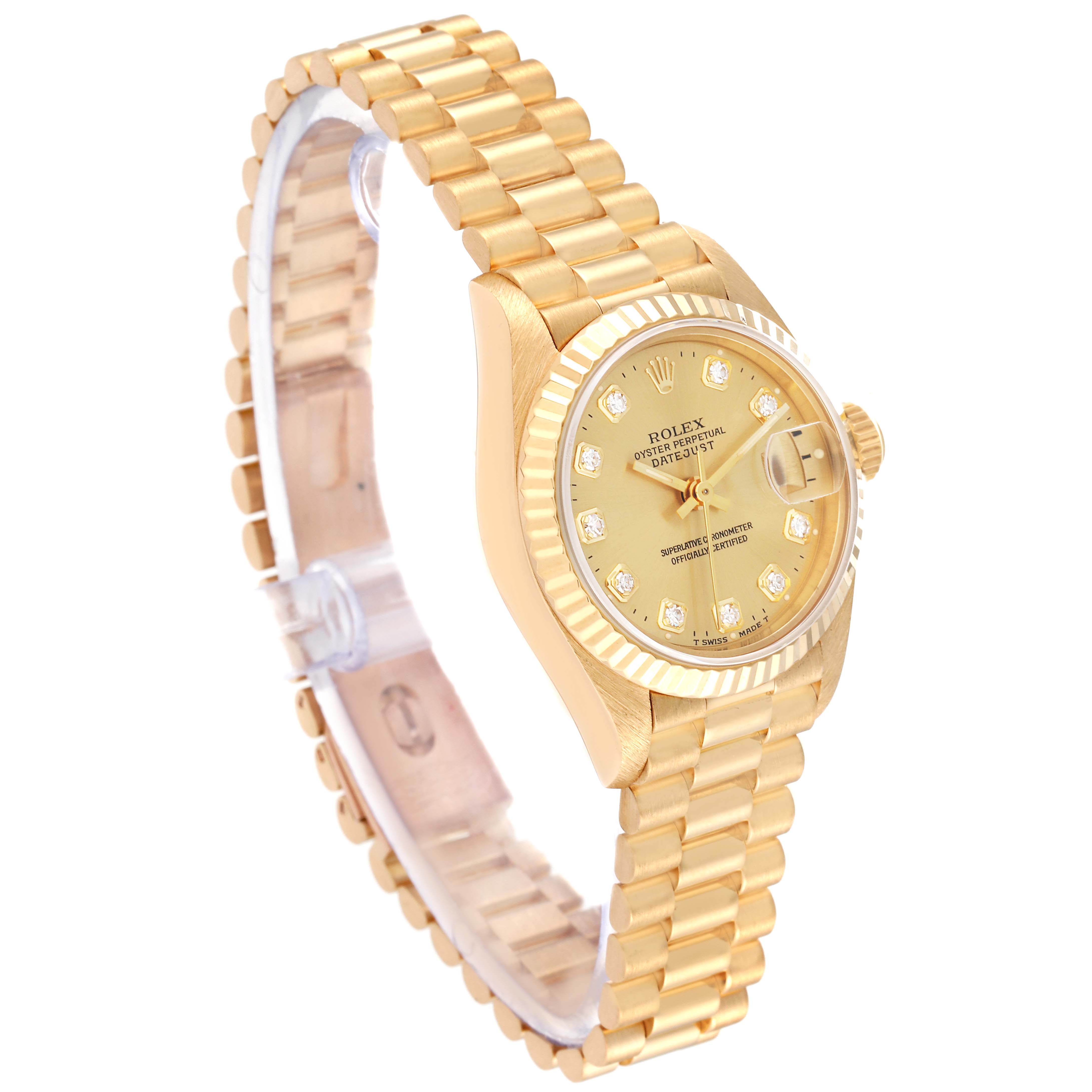 The Rolex President 69178 Women
s Yellow Gold Champagne Dial 69178 Women
s Yellow Gold Champagne Dial model watch is shown at a three-quarter angle, highlighting its gold bracelet, bezel, and diamond-accented dial.