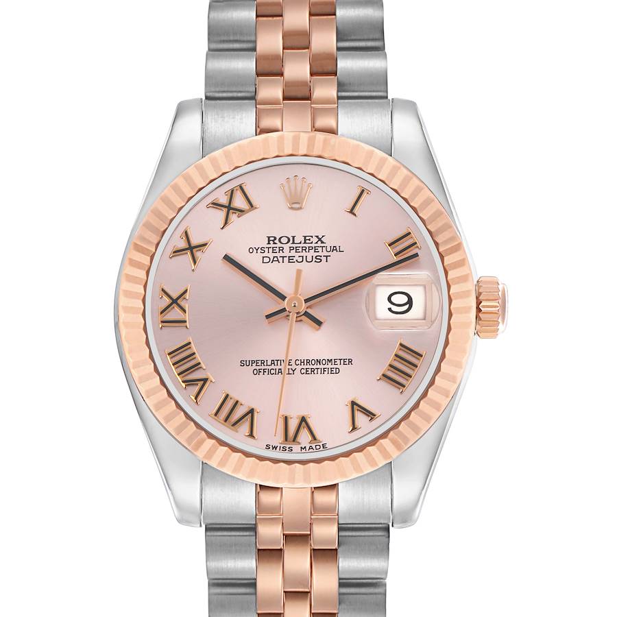 The Rolex Mid-Size watch is shown from a front angle, displaying the dial, bezel, and part of the two-tone bracelet.