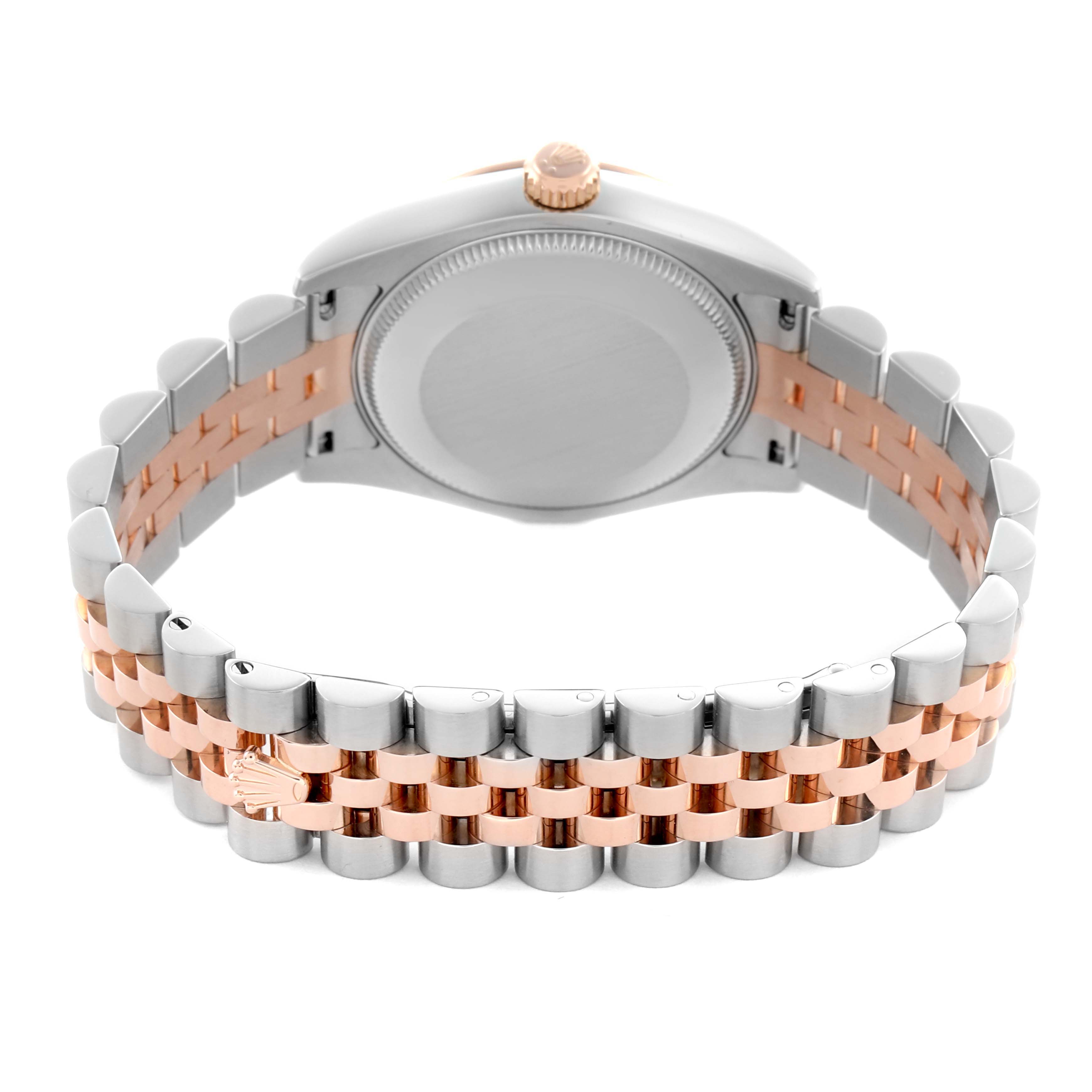 The image shows the reverse side of a Mid-Size Rolex watch, focusing on the case back and two-tone bracelet.