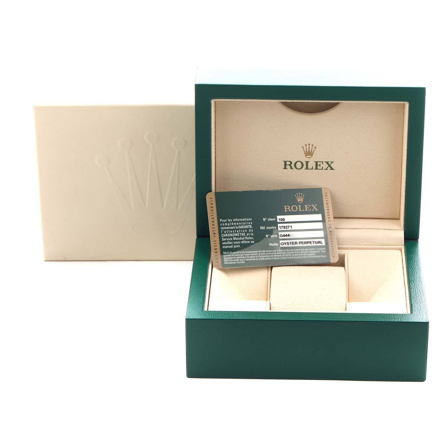 The image shows a Rolex Mid-Size 178271 Women
s Steel and Gold (two tone) Pink Dial 178271 Women
s Steel and Gold (two tone) Pink Dial watch box, warranty card, and outer packaging from a front angle.