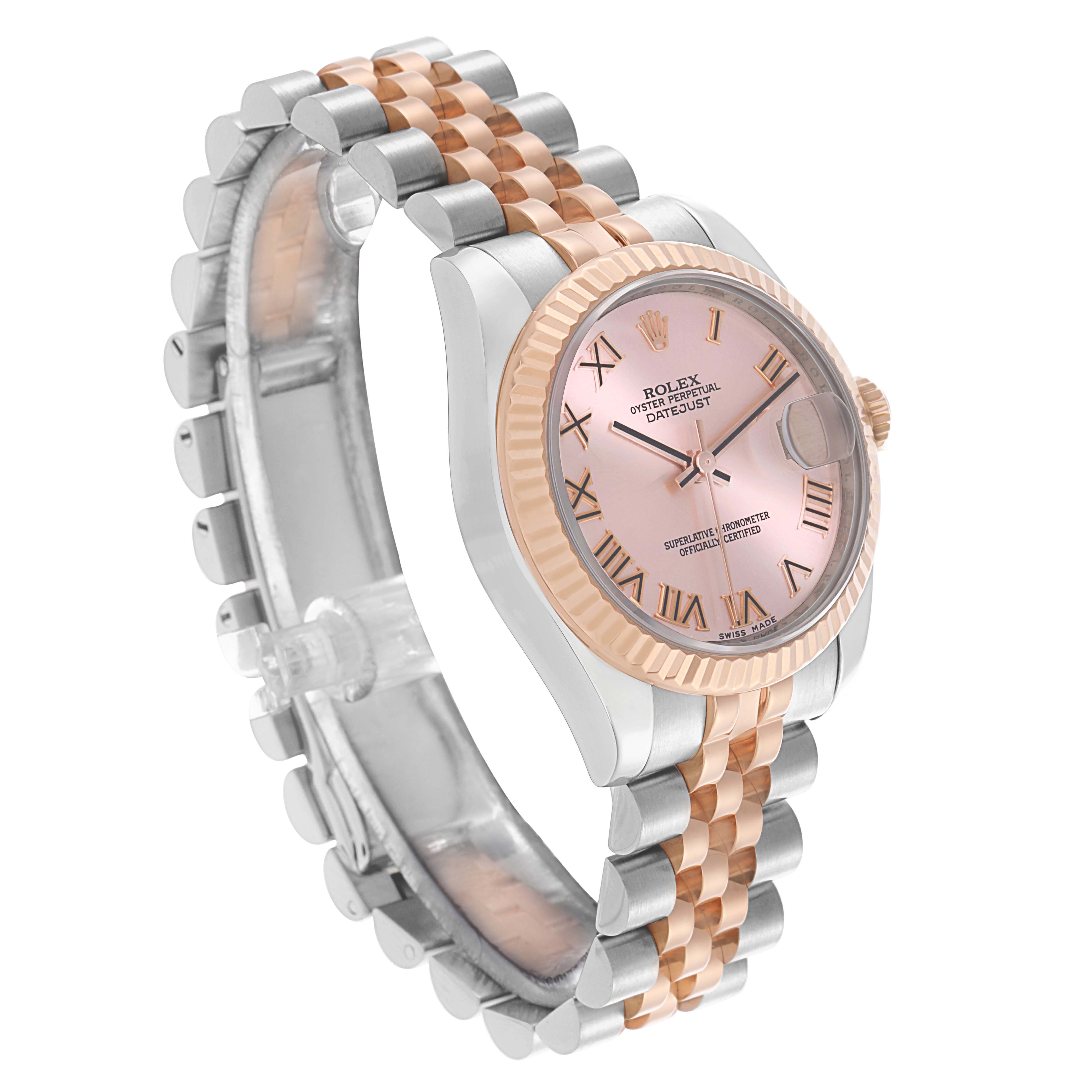 The Rolex Mid-Size 178271 Women
s Steel and Gold (two tone) Pink Dial 178271 Women
s Steel and Gold (two tone) Pink Dial watch is shown at a side angle, highlighting the face, bezel, and bracelet with a two-tone design.