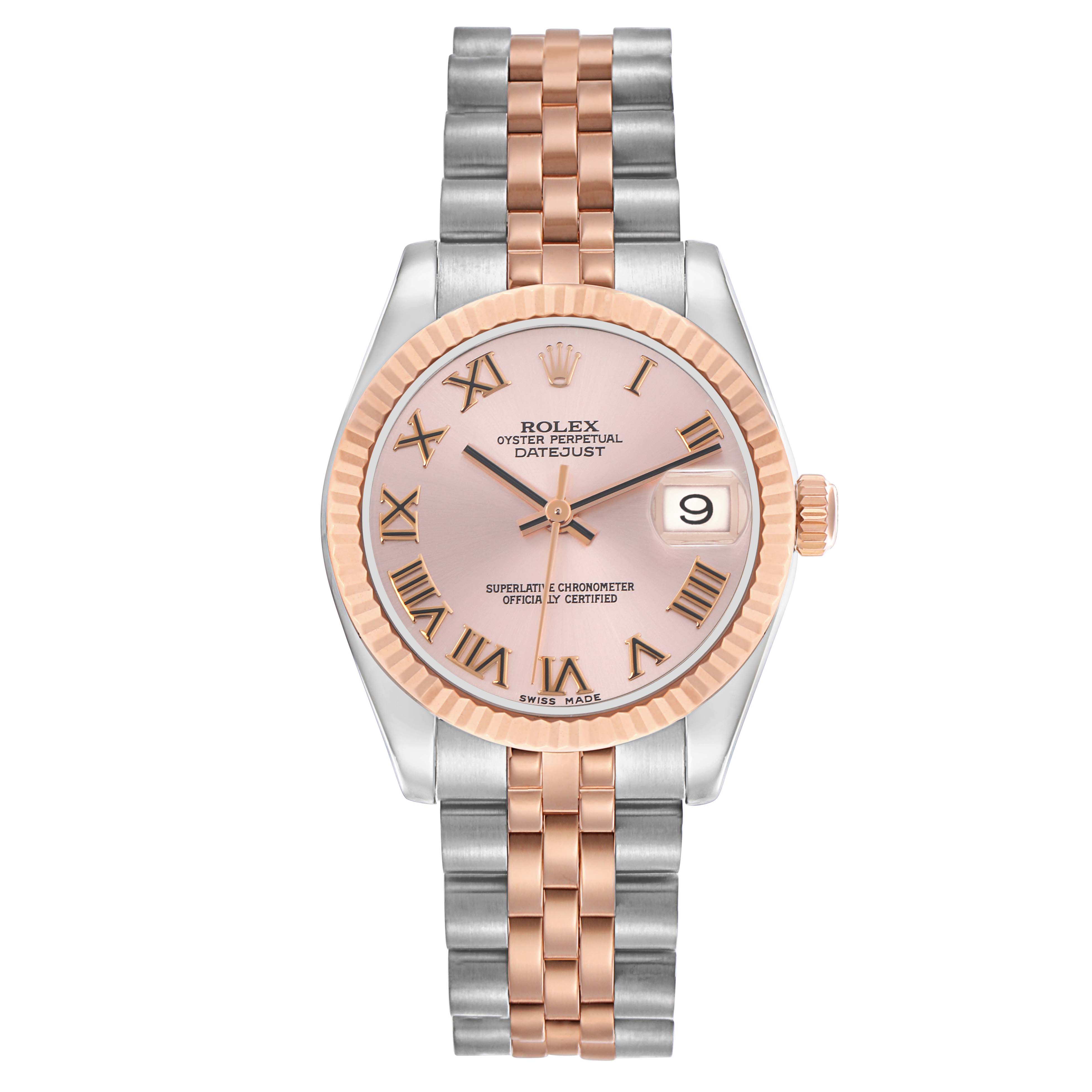 The Rolex Mid-Size 178271 Women
s Steel and Gold (two tone) Pink Dial 178271 Women
s Steel and Gold (two tone) Pink Dial model is shown from a top-down angle featuring its face, bezel, and two-tone bracelet.