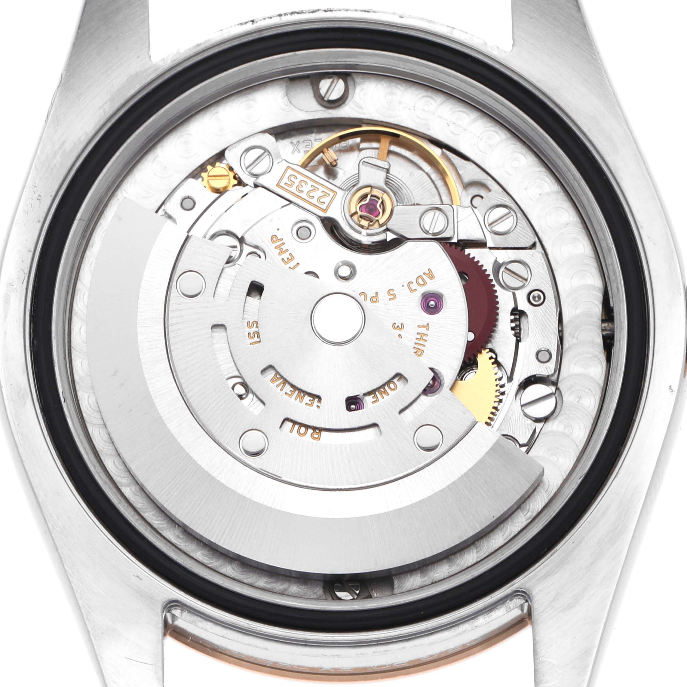 The image shows the movement and internal mechanics of a Rolex Mid-Size 178271 Women
s Steel and Gold (two tone) Pink Dial 178271 Women
s Steel and Gold (two tone) Pink Dial model from a back angle.