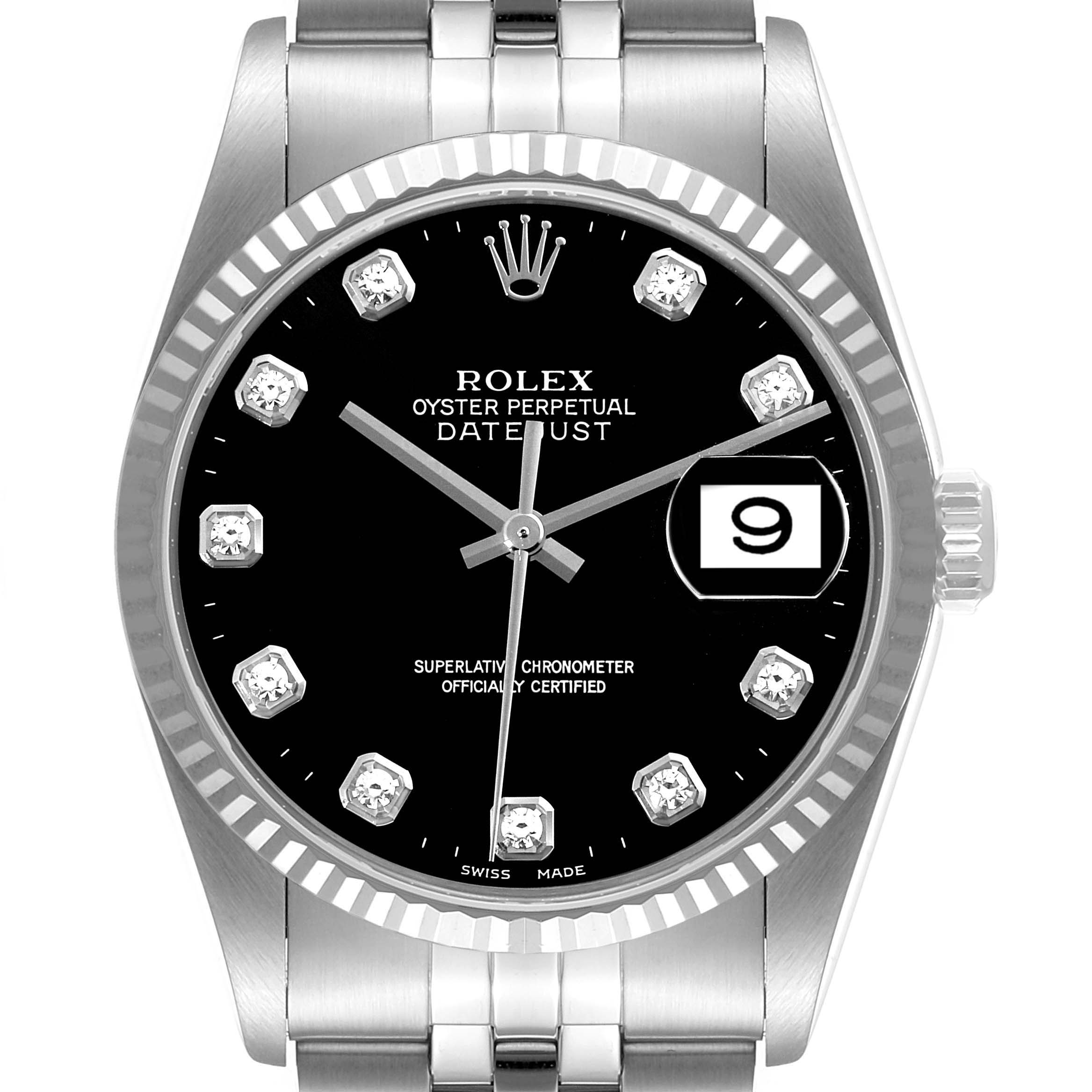 This image shows a front view of a Rolex Datejust 16234 Men
s Stainless Steel Black Dial 16234 Men
s Stainless Steel Black Dial watch featuring a black dial and diamond hour markers.