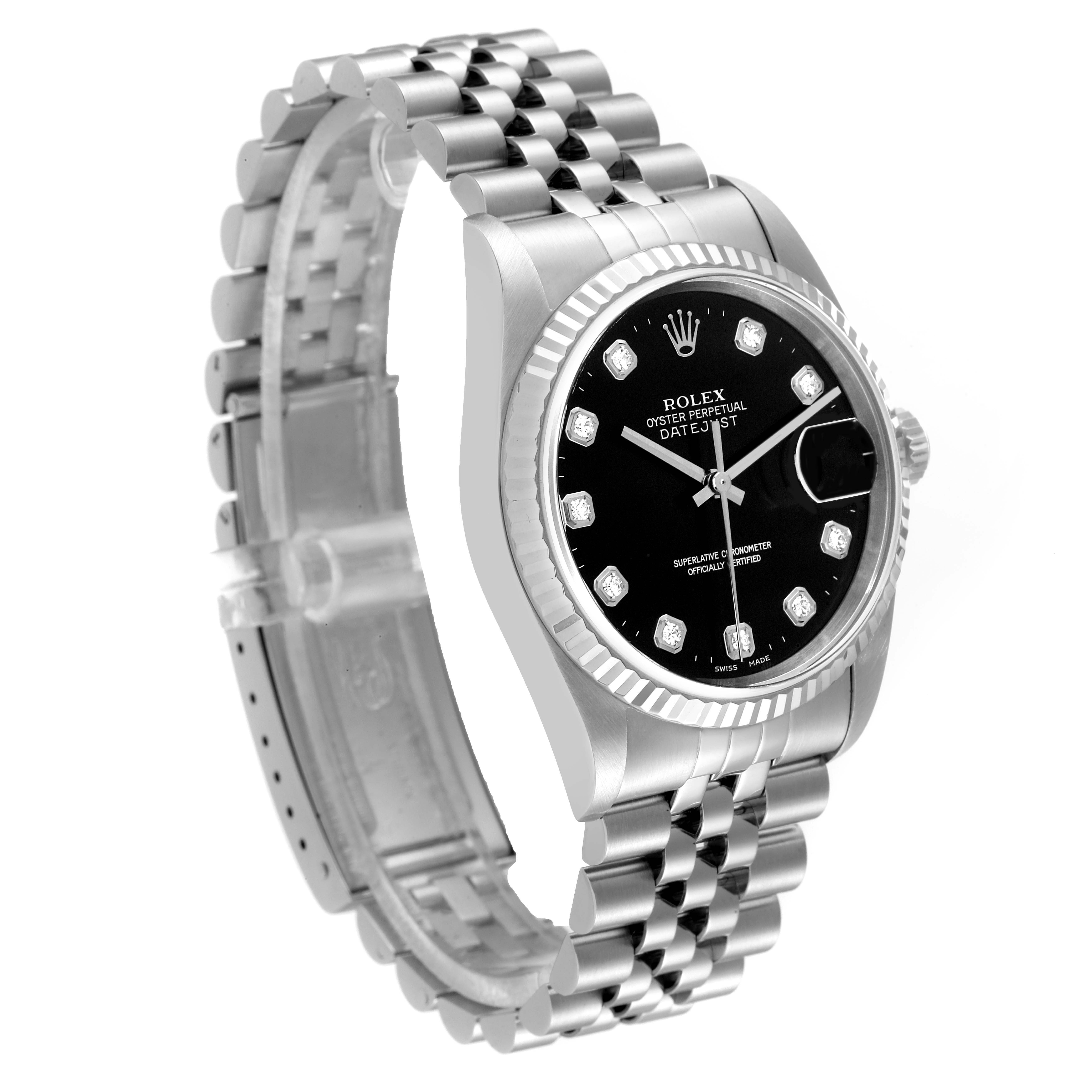 The image shows a Rolex Datejust 16234 Men
s Stainless Steel Black Dial 16234 Men
s Stainless Steel Black Dial watch at a three-quarter angle, displaying the face, bezel, and bracelet.