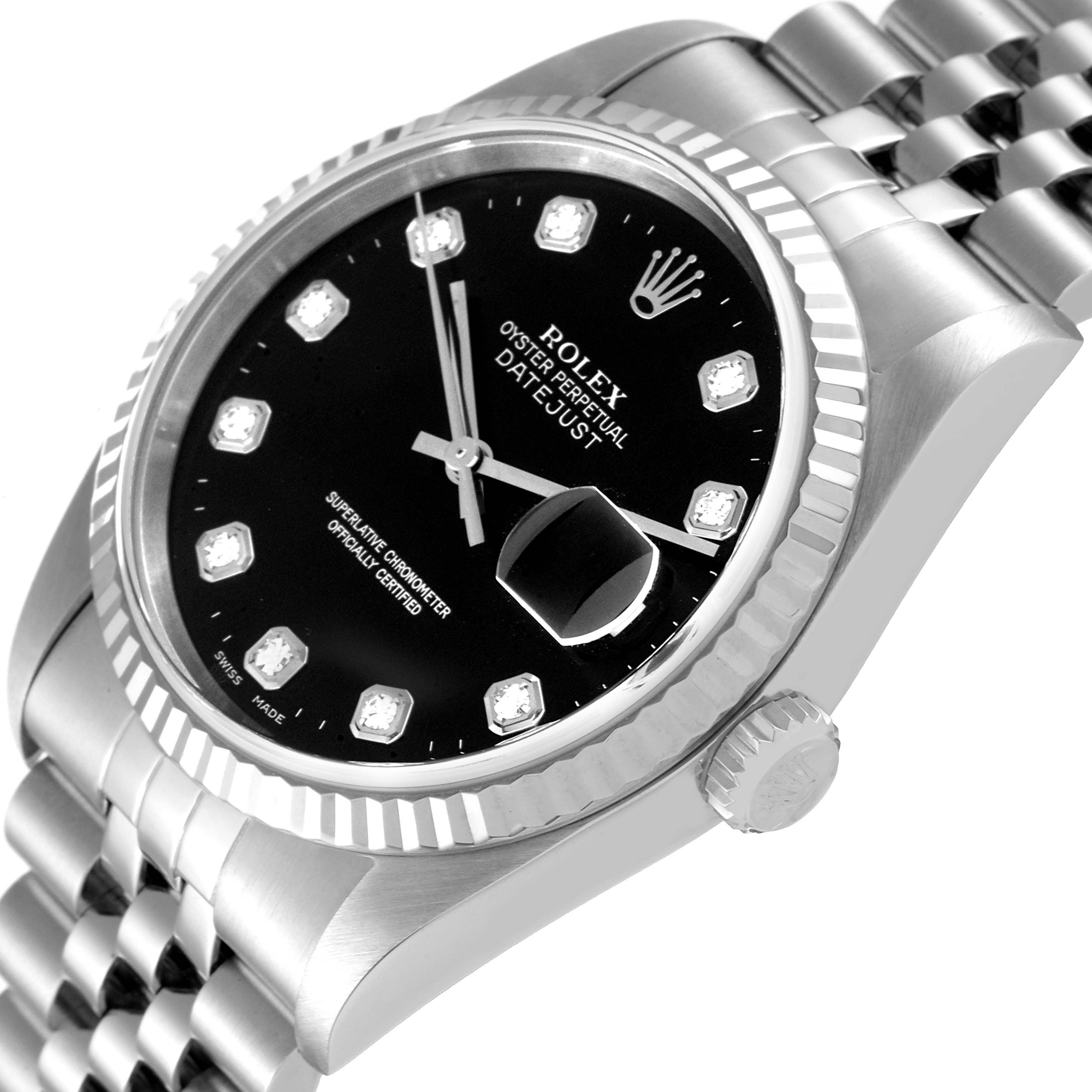 The image shows a close-up angle of a Rolex Datejust 16234 Men
s Stainless Steel Black Dial 16234 Men
s Stainless Steel Black Dial watch, highlighting the black dial, diamond hour markers, and Jubilee bracelet.