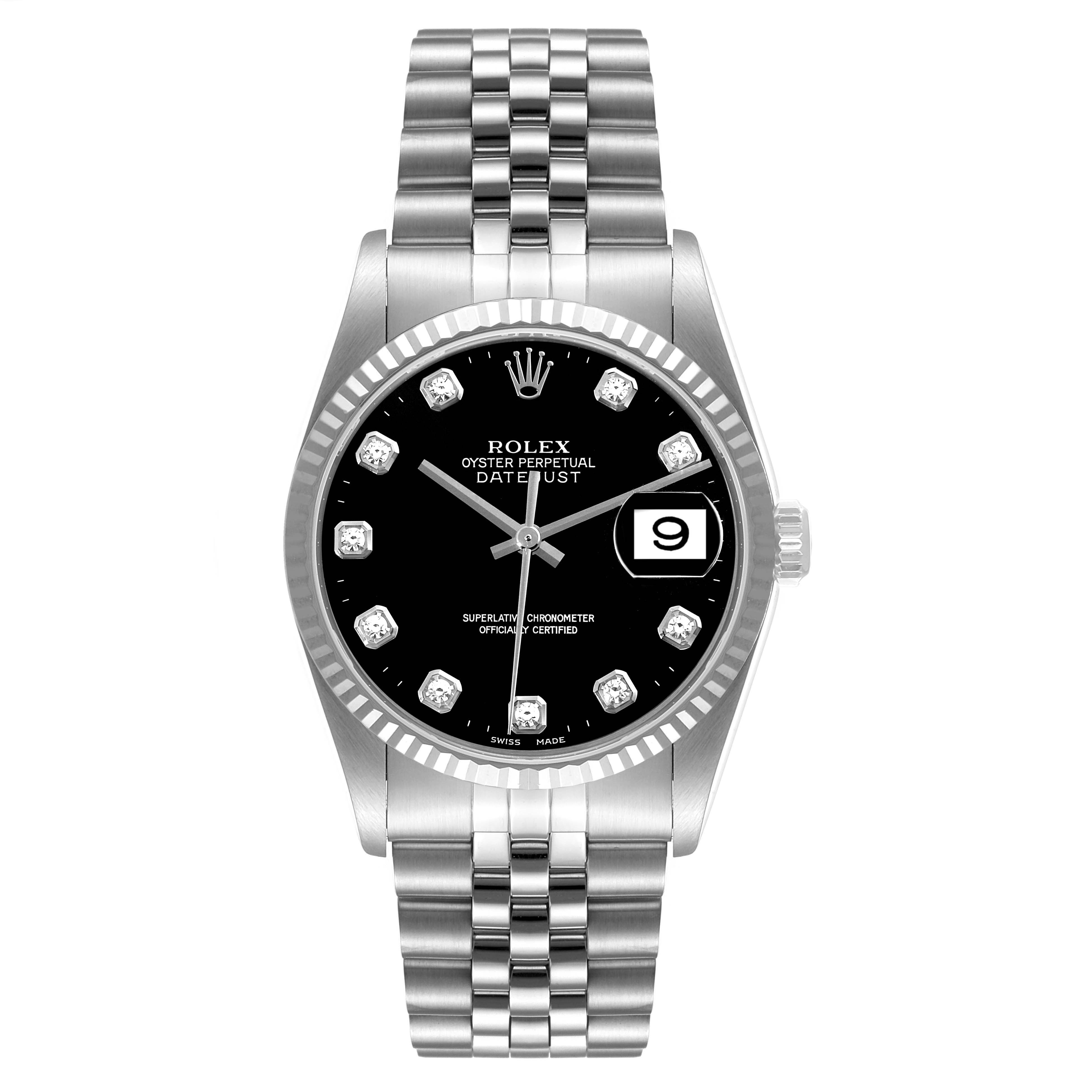 This image shows a frontal view of a Rolex Datejust 16234 Men
s Stainless Steel Black Dial 16234 Men
s Stainless Steel Black Dial watch, displaying the dial, bezel, crown, bracelet, and date window.