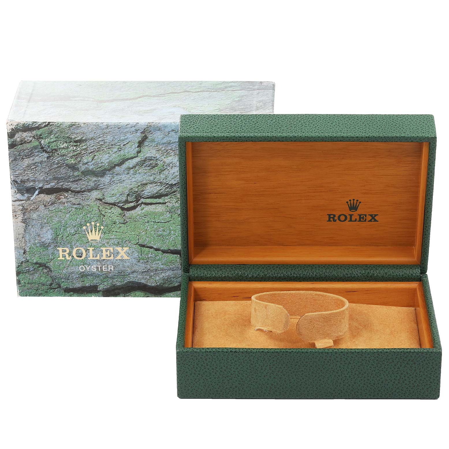 The image shows an open Rolex Datejust 16234 Men
s Stainless Steel Black Dial 16234 Men
s Stainless Steel Black Dial watch box and packaging from a top-front angle.