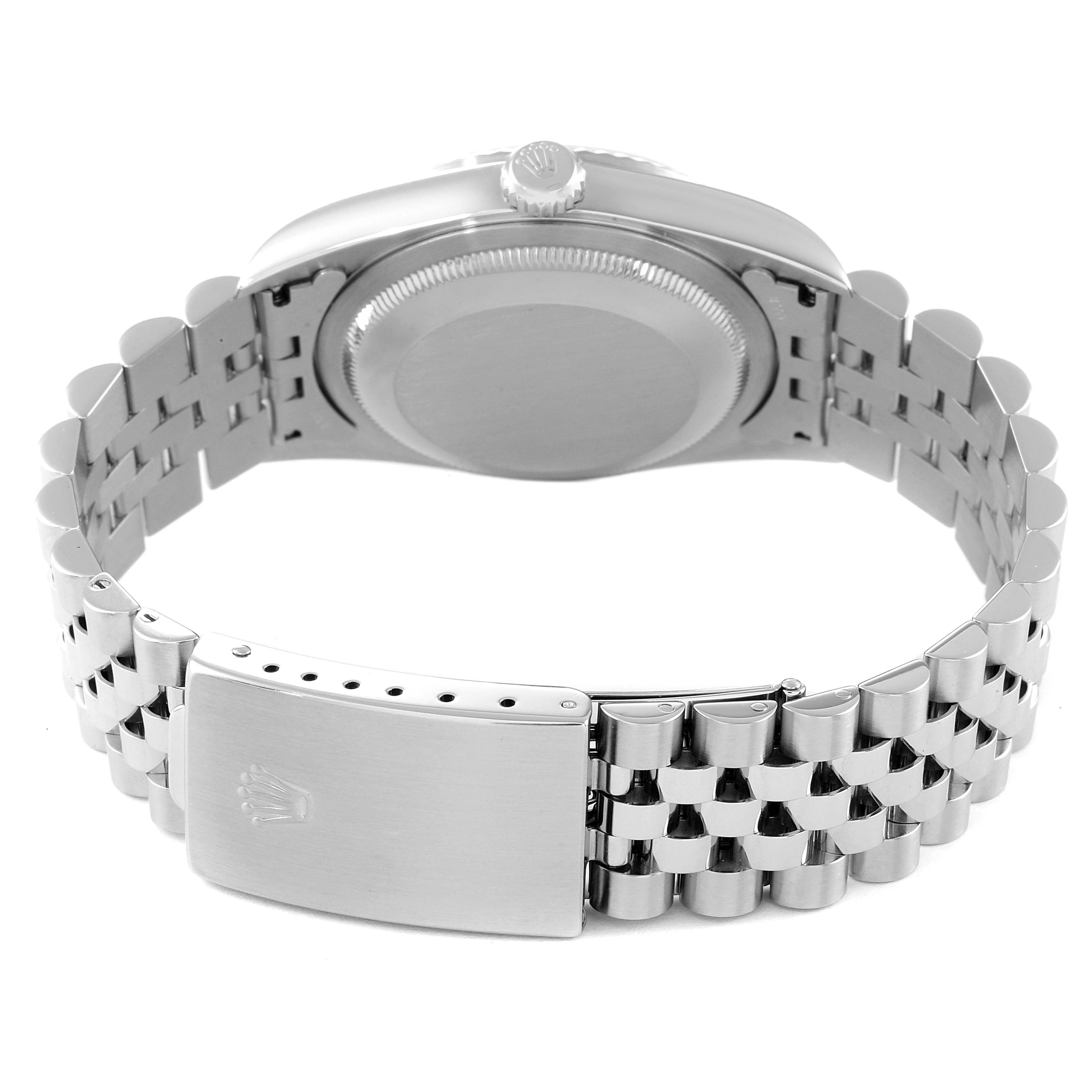 The image shows the back view of the Rolex Datejust 16234 Men
s Stainless Steel Black Dial 16234 Men
s Stainless Steel Black Dial watch, highlighting the case back and bracelet with the clasp.