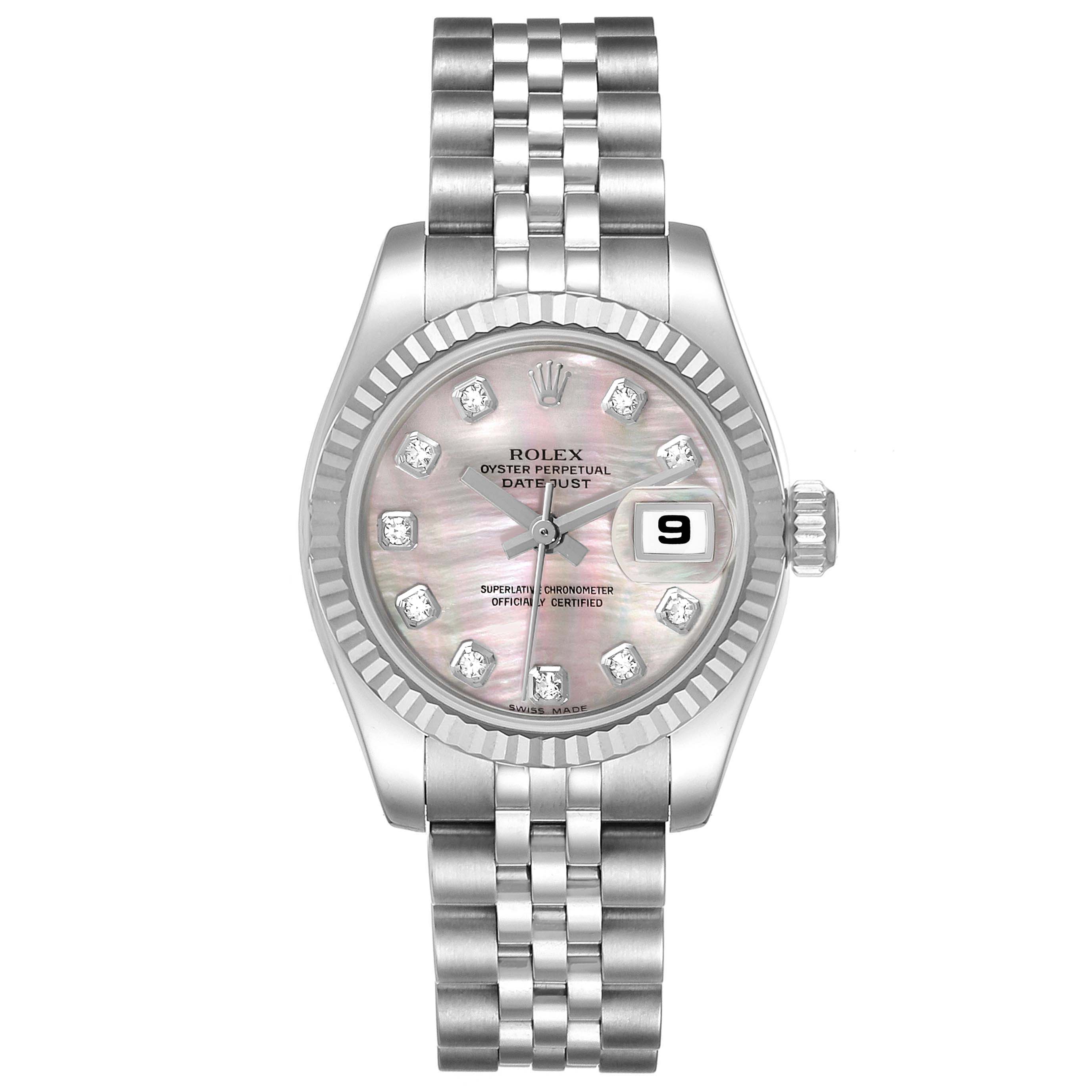 This image shows a Rolex Datejust 179174 Women
s Stainless Steel Mother of Pearl Dial 179174 Women
s Stainless Steel Mother of Pearl Dial watch from a front angle, displaying its dial, bracelet, and bezel.