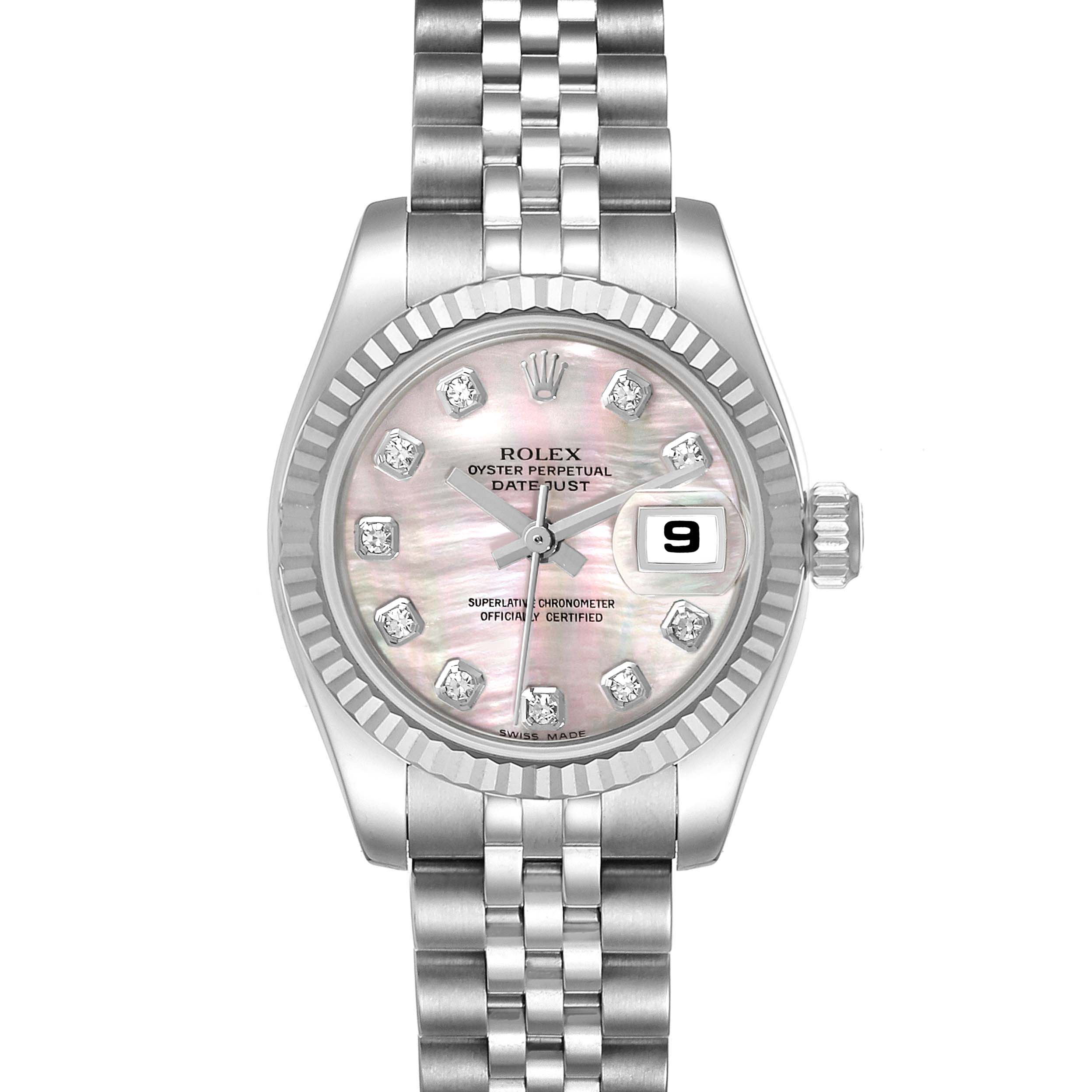 The image shows a front view of a Rolex Datejust 179174 Women
s Stainless Steel Mother of Pearl Dial 179174 Women
s Stainless Steel Mother of Pearl Dial watch displaying its face, bezel, crown, and bracelet.
