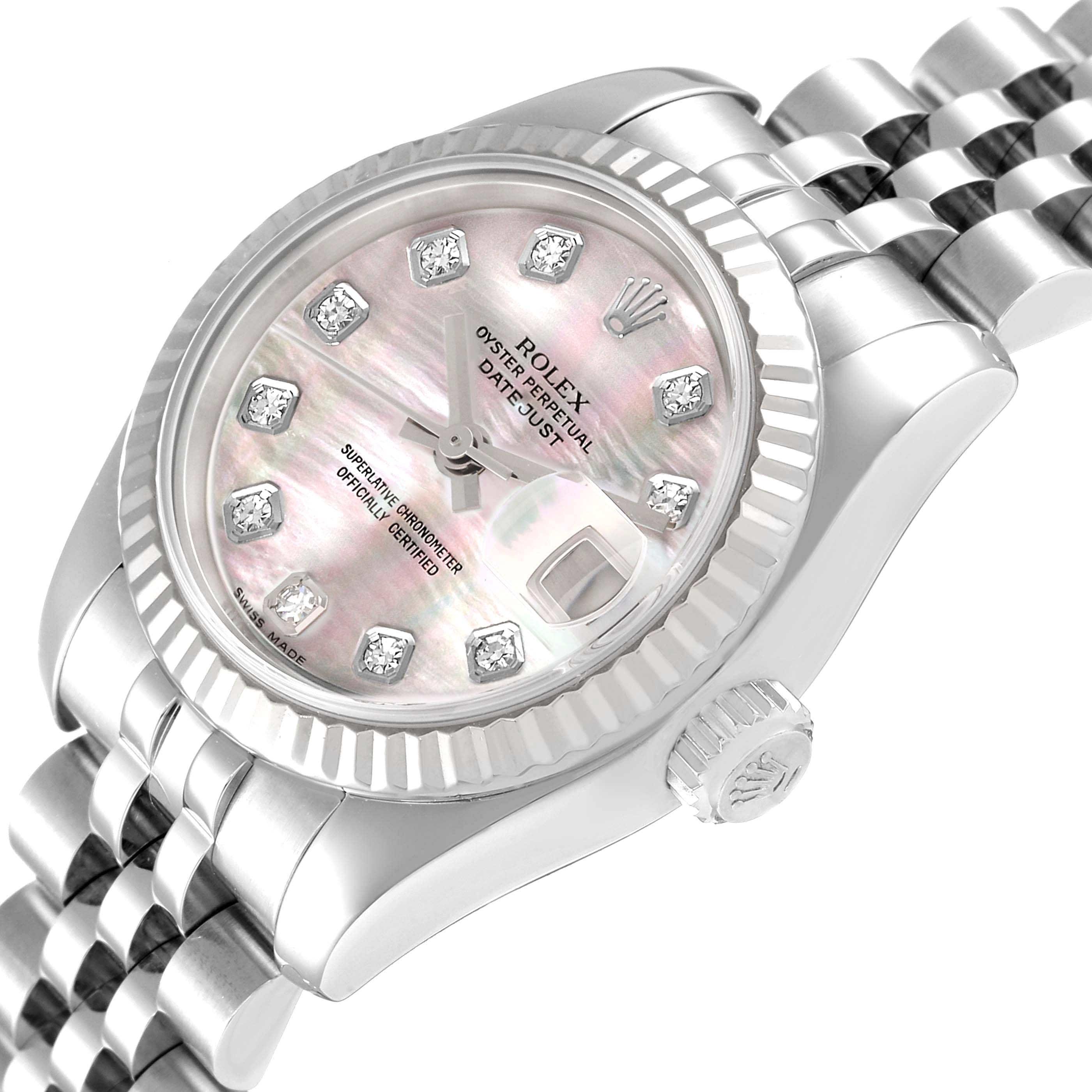 This image shows a Rolex Datejust 179174 Women
s Stainless Steel Mother of Pearl Dial 179174 Women
s Stainless Steel Mother of Pearl Dial watch from a slightly angled top view, highlighting its dial, bezel, and bracelet.
