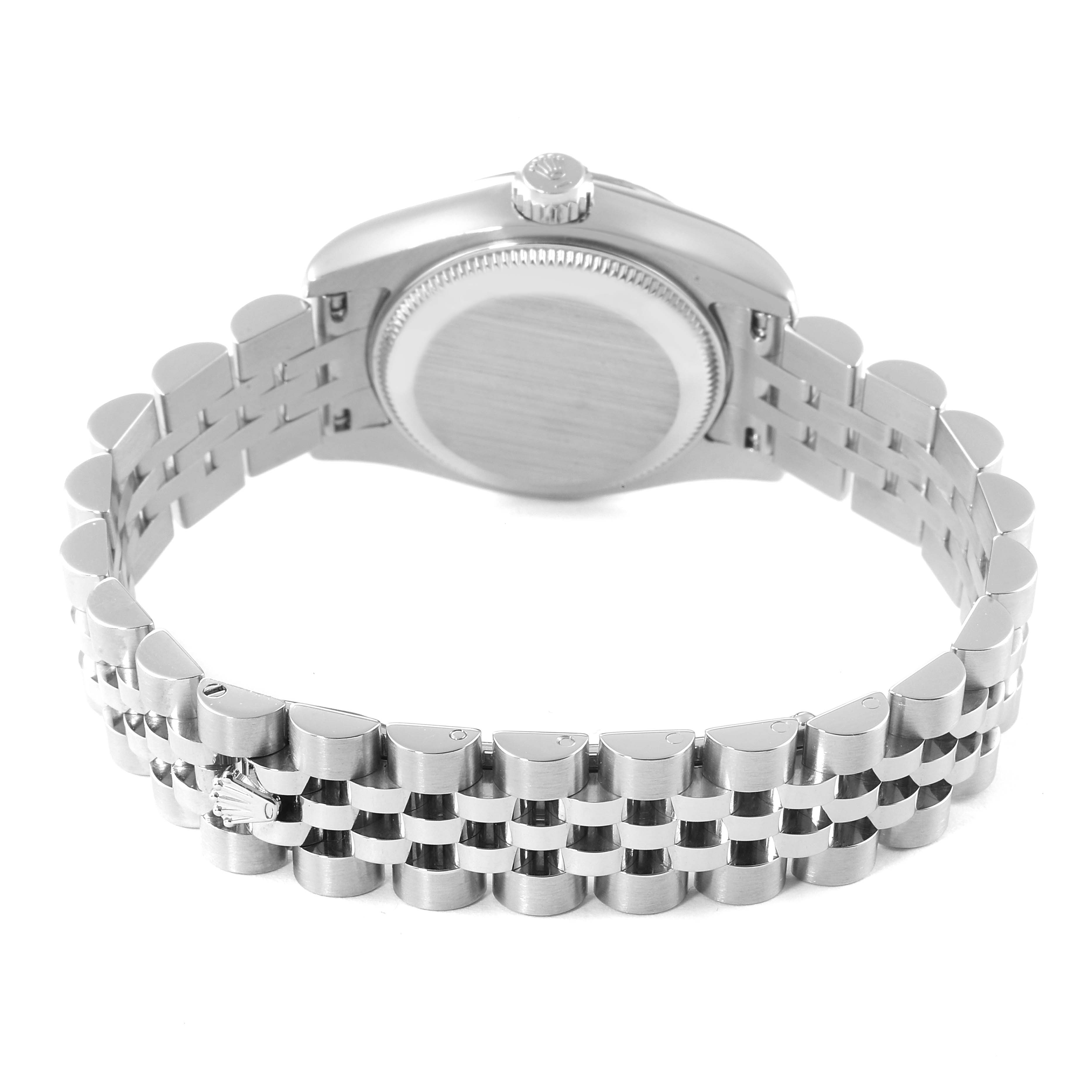 The image shows the back view of a Rolex Datejust 179174 Women
s Stainless Steel Mother of Pearl Dial 179174 Women
s Stainless Steel Mother of Pearl Dial watch, highlighting the case back and the Jubilee bracelet.