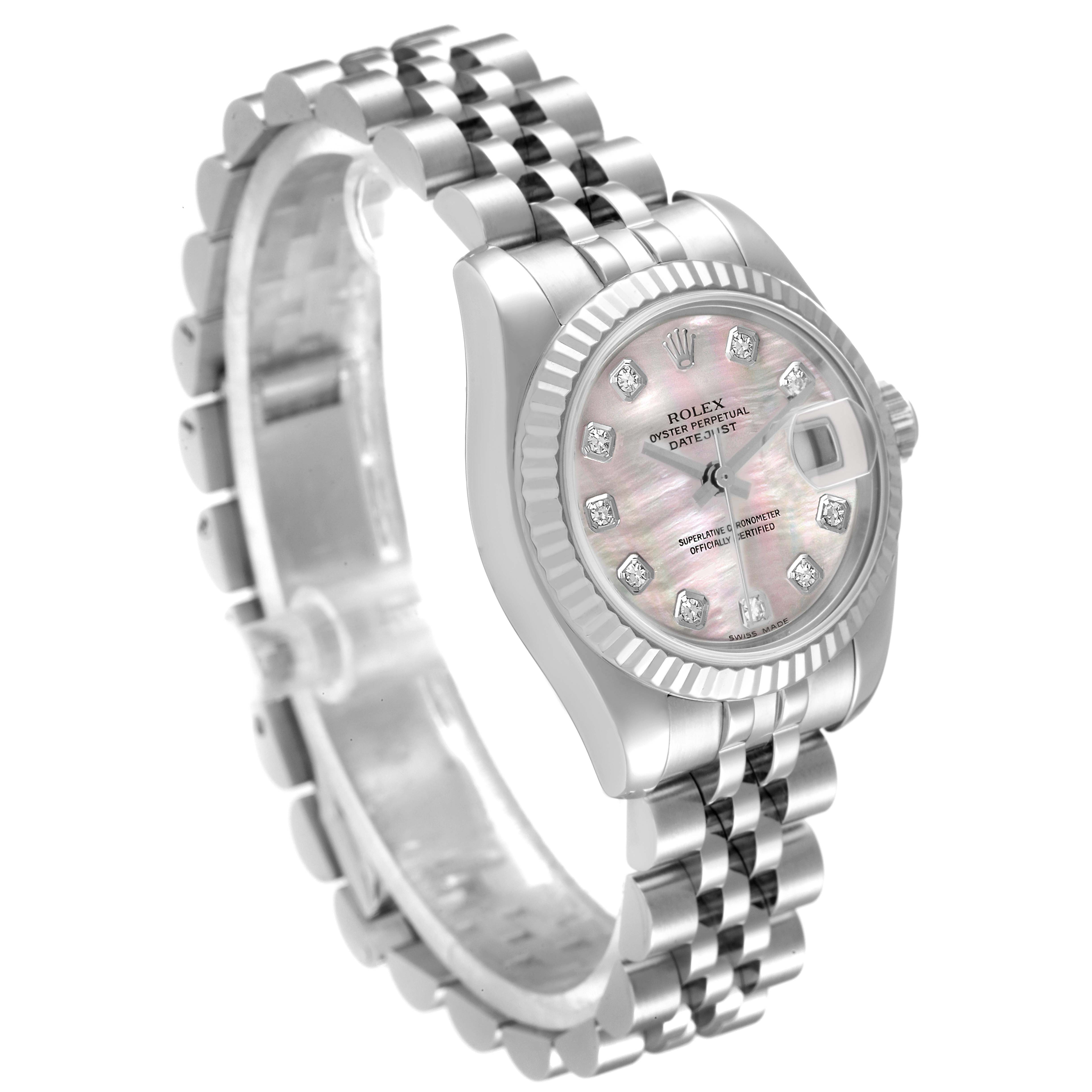 The Rolex Datejust 179174 Women
s Stainless Steel Mother of Pearl Dial 179174 Women
s Stainless Steel Mother of Pearl Dial watch is shown at a slight angle, highlighting its dial, bezel, and bracelet.