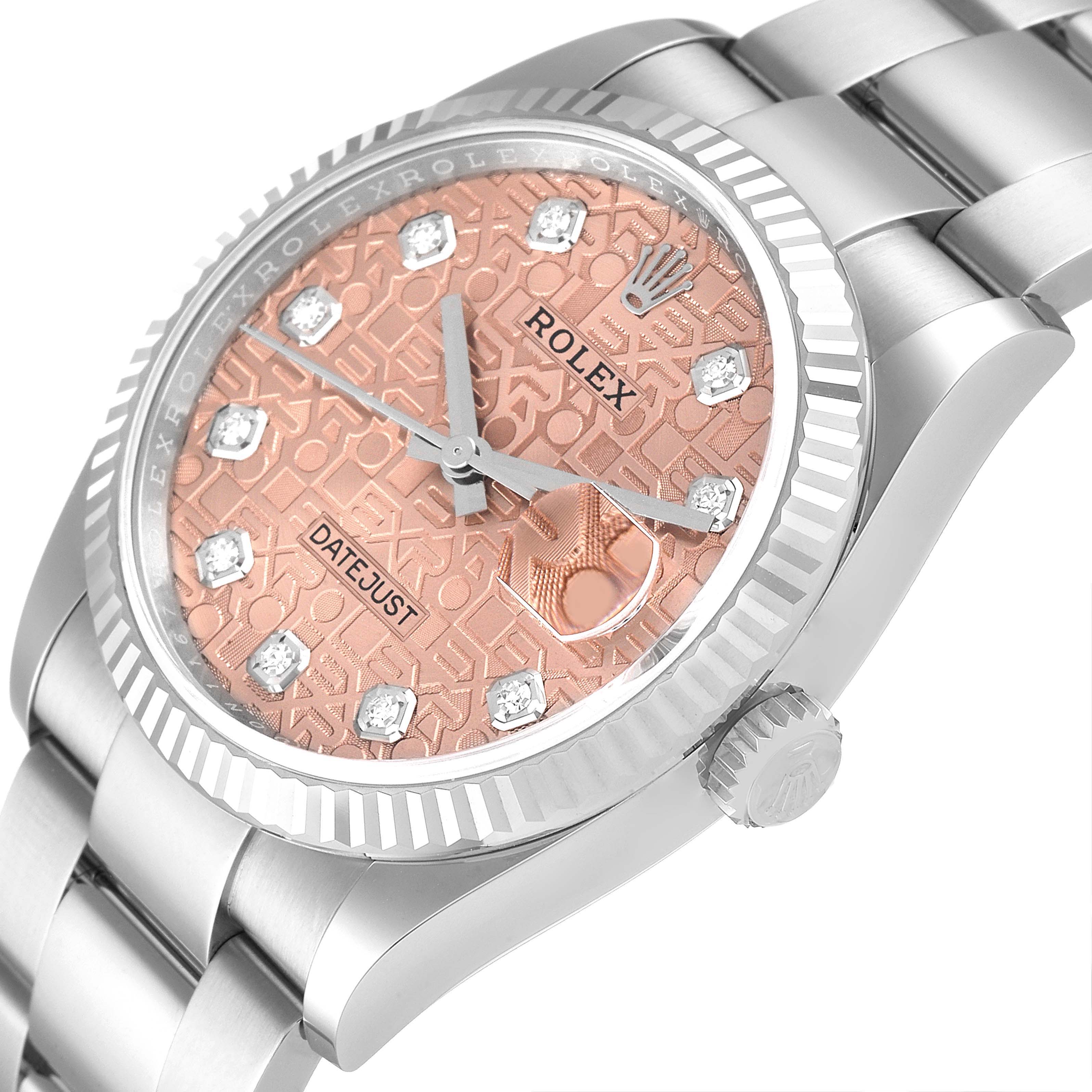 This image shows a close-up view of a Rolex Datejust 126234 Men
s Stainless Steel Pink Dial 126234 Men
s Stainless Steel Pink Dial watch, highlighting its dial, bezel, and part of the bracelet.
