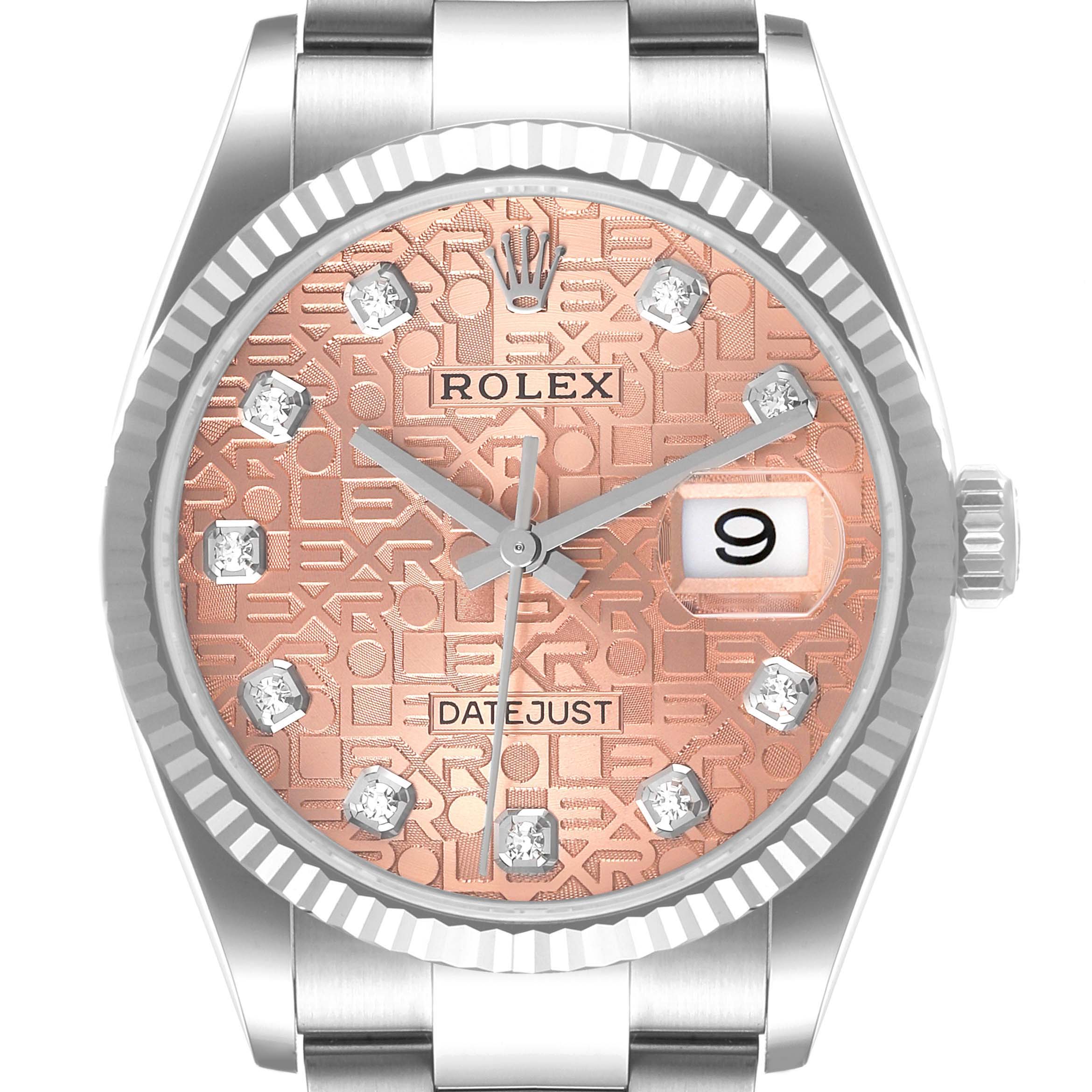 This angled front view showcases the dial, hands, date window, crown, and part of the bracelet of the Rolex Datejust 126234 Men
s Stainless Steel Pink Dial 126234 Men
s Stainless Steel Pink Dial watch.