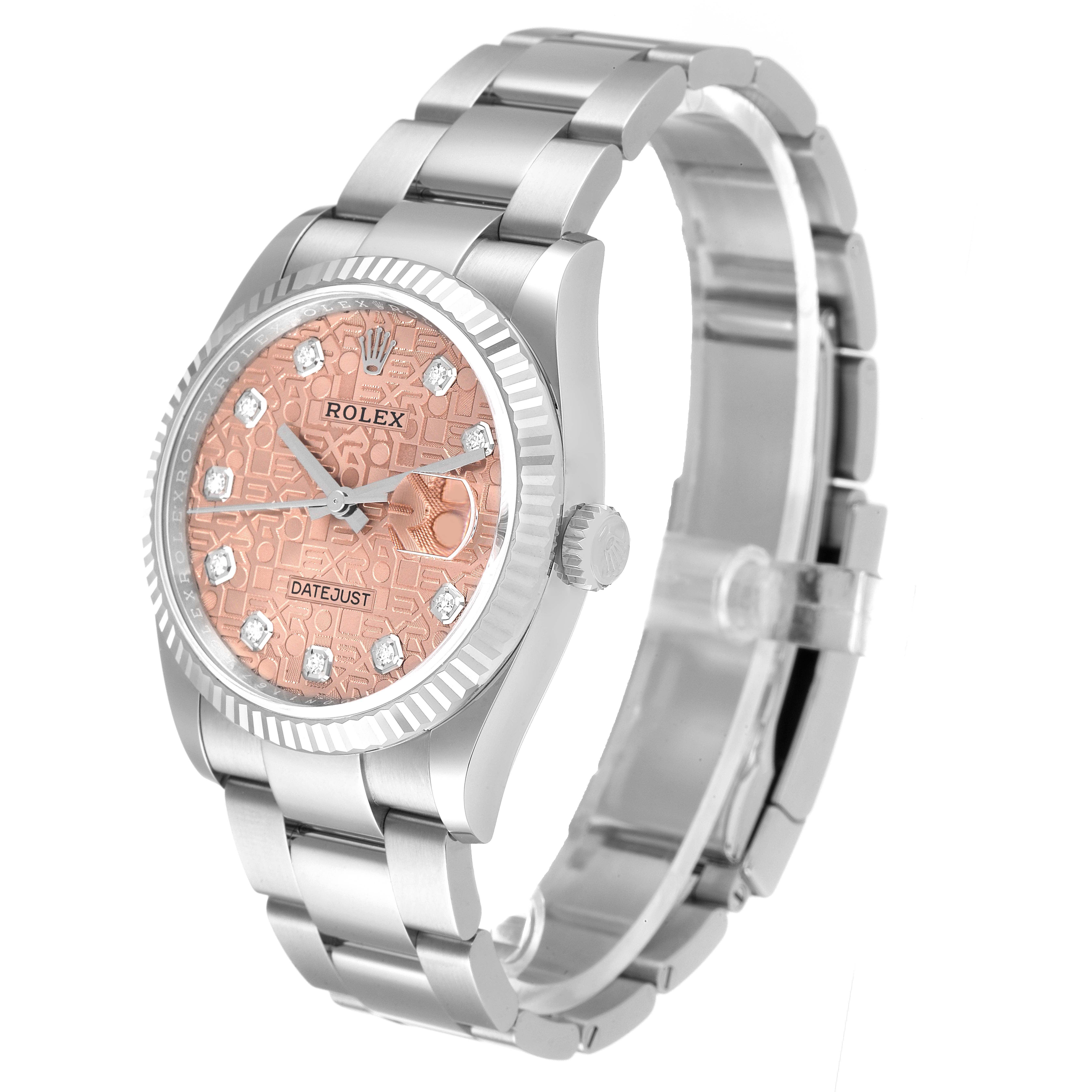 The image shows a Rolex Datejust 126234 Men
s Stainless Steel Pink Dial 126234 Men
s Stainless Steel Pink Dial watch from the side, displaying the dial, bezel, case, bracelet, and crown.