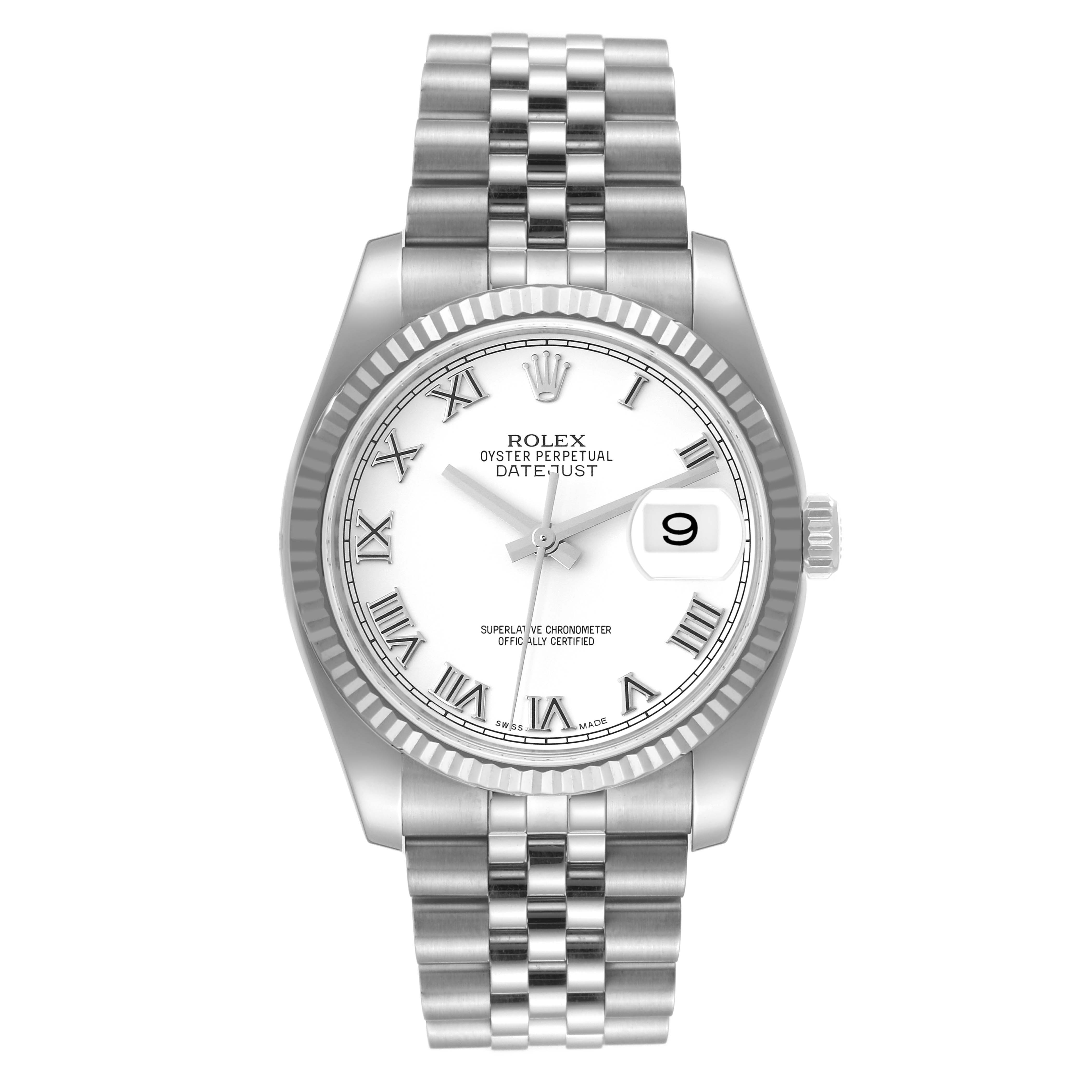 The image shows a frontal view of the Rolex Datejust 116234 Men's Stainless Steel White Dial 116234 Men's Stainless Steel White Dial watch, displaying its dial, bezel, crown, and bracelet.