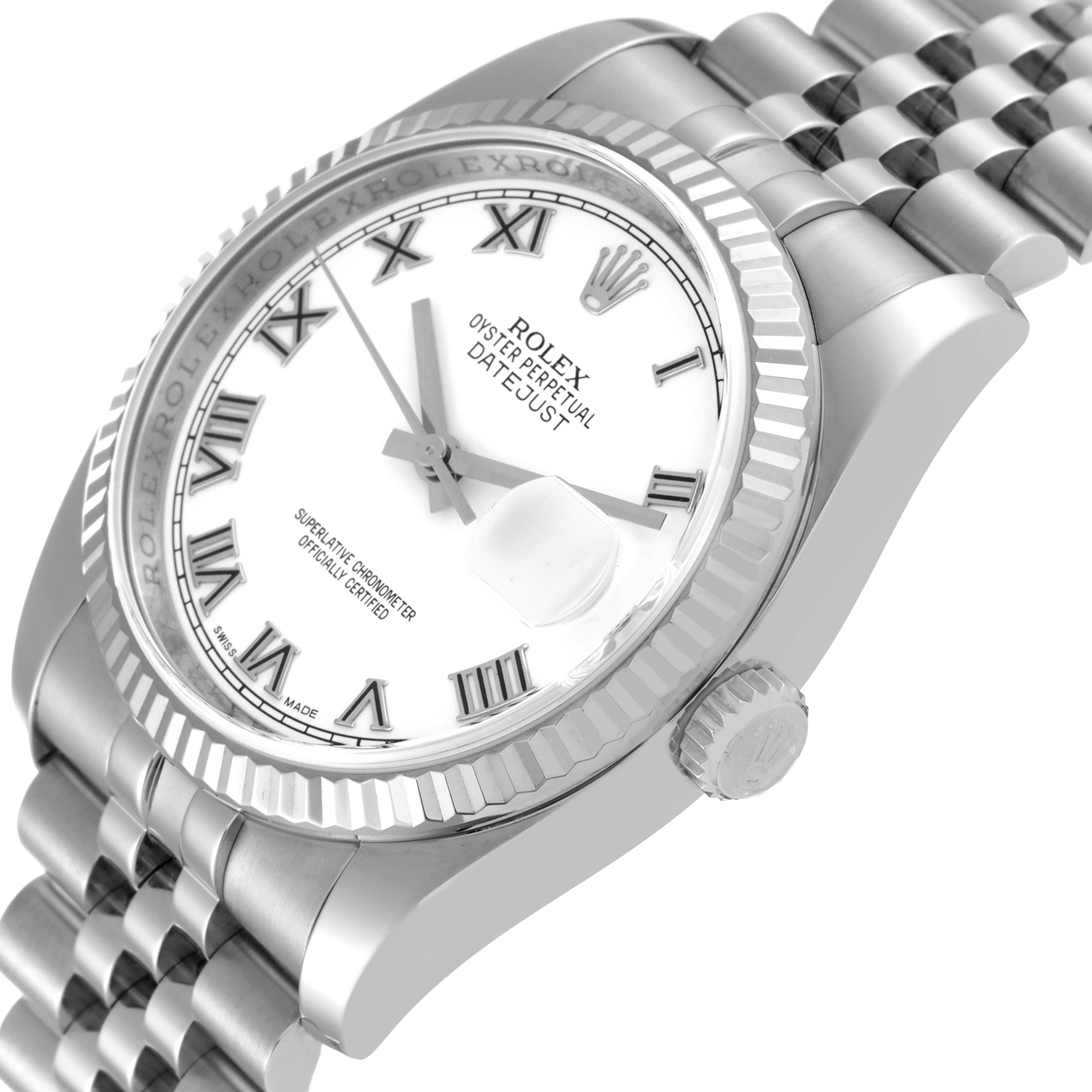 This image shows a Rolex Datejust 116234 Men's Stainless Steel White Dial 116234 Men's Stainless Steel White Dial watch at a 45-degree angle, highlighting the face, bezel, crown, and Jubilee bracelet.