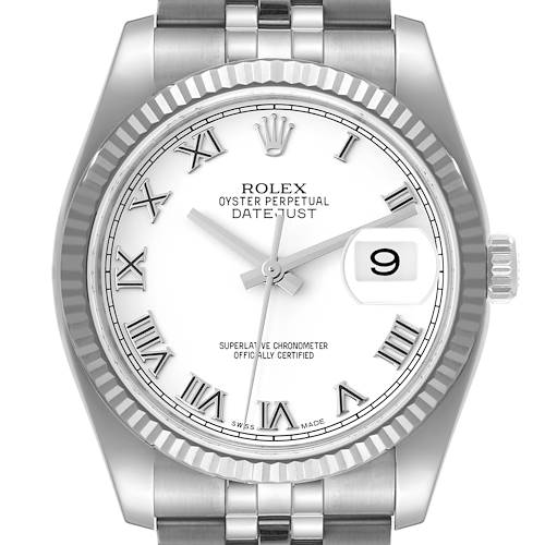 Photo of Rolex Datejust Steel White Gold White Roman Dial Mens Watch 116234 Box Card