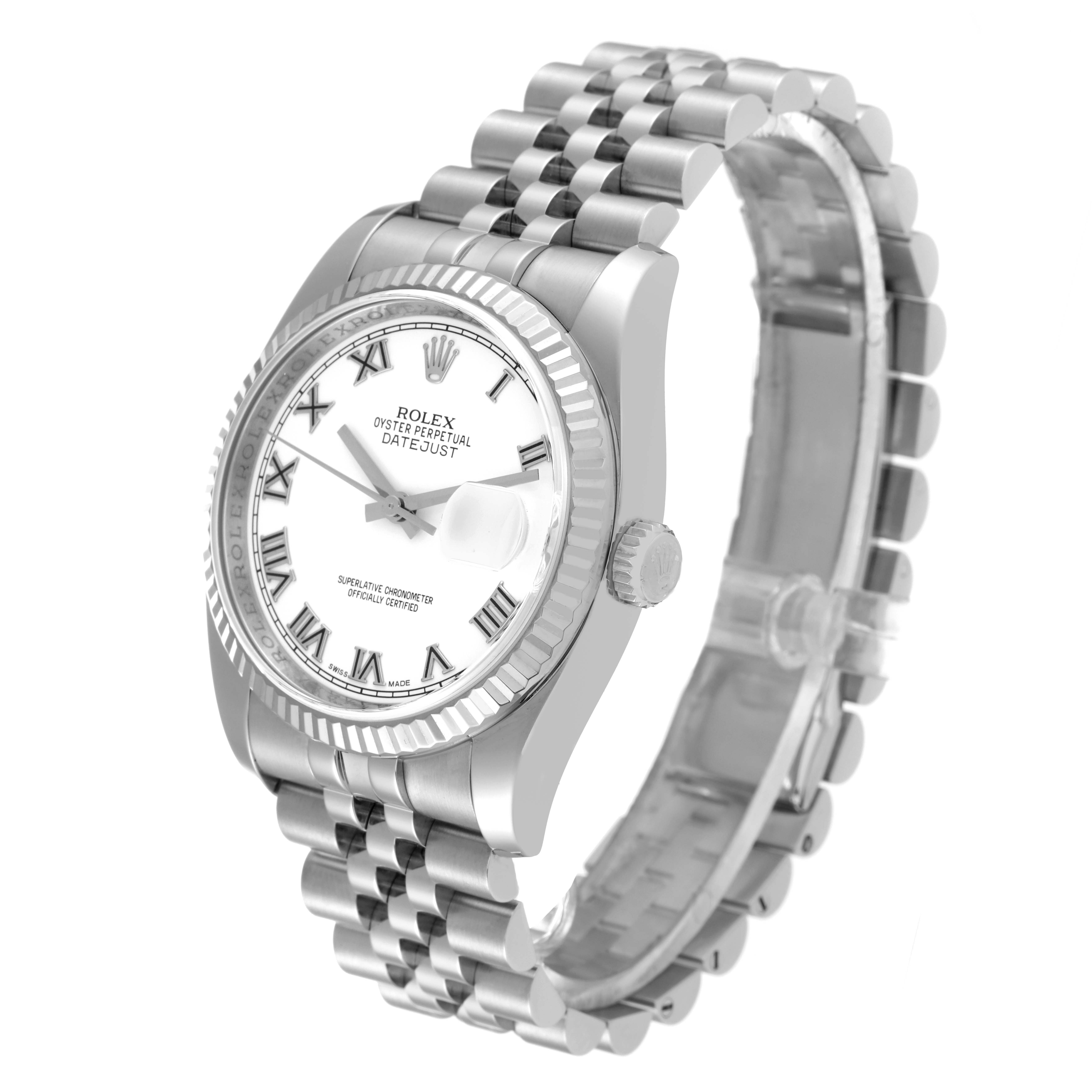 The Rolex Datejust 116234 Men's Stainless Steel White Dial 116234 Men's Stainless Steel White Dial watch is shown from a three-quarter angle, highlighting the face, bezel, and bracelet.