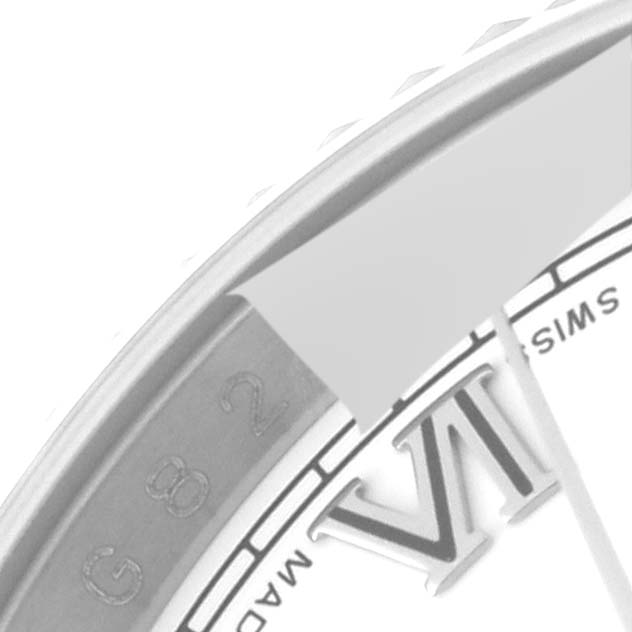 The image shows a close-up of the bezel and part of the dial with the Roman numeral VI on a Rolex Datejust 116234 Men's Stainless Steel White Dial 116234 Men's Stainless Steel White Dial watch.