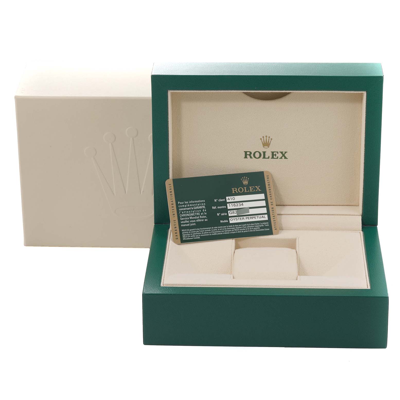 The image shows an open green Rolex Datejust 116234 Men's Stainless Steel White Dial 116234 Men's Stainless Steel White Dial watch box and the accompanying warranty card.