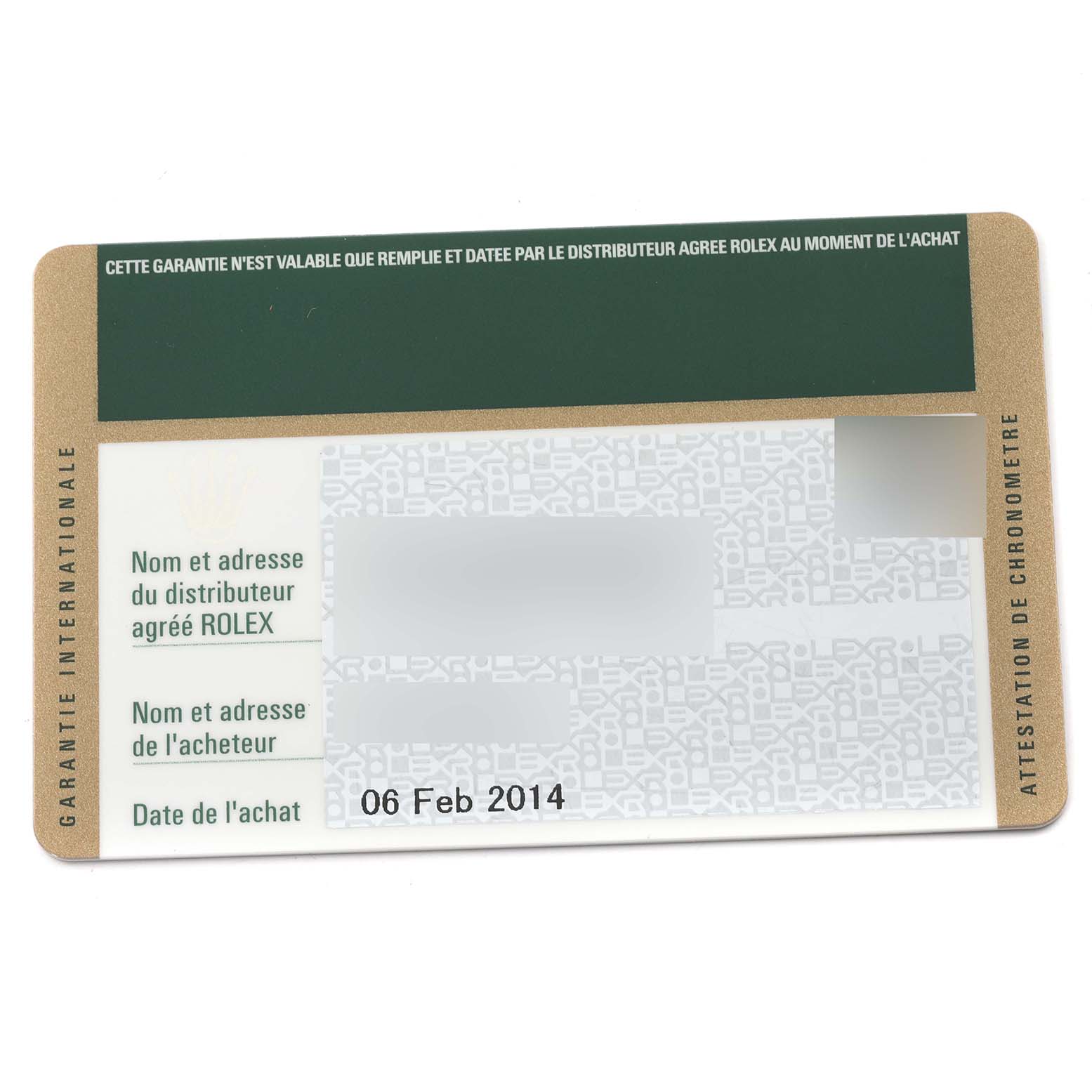 This image shows a Rolex date-stamped warranty card for a Datejust model.