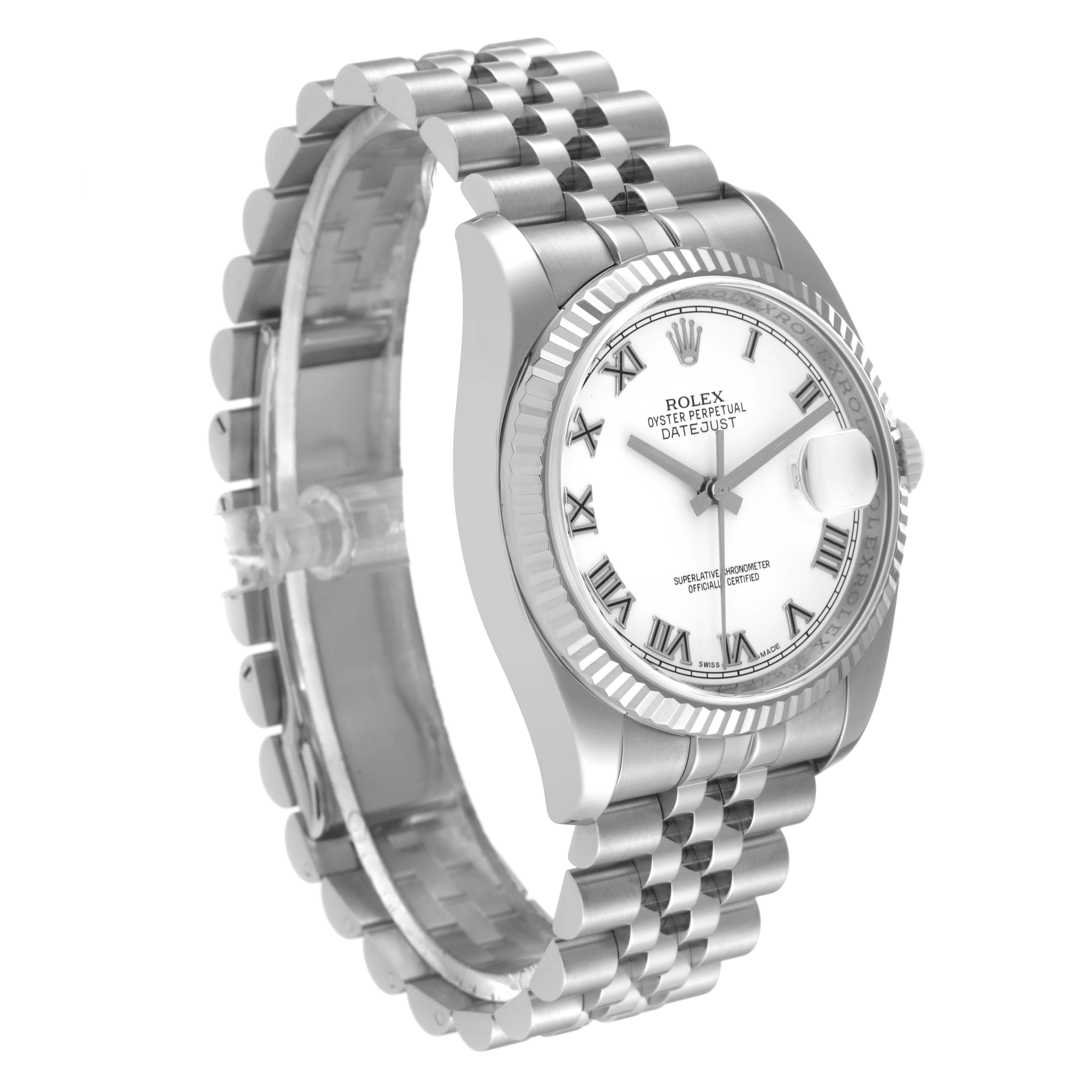 The image shows a Rolex Datejust 116234 Men's Stainless Steel White Dial 116234 Men's Stainless Steel White Dial watch at an angled view, highlighting its bracelet, case, bezel, and dial.