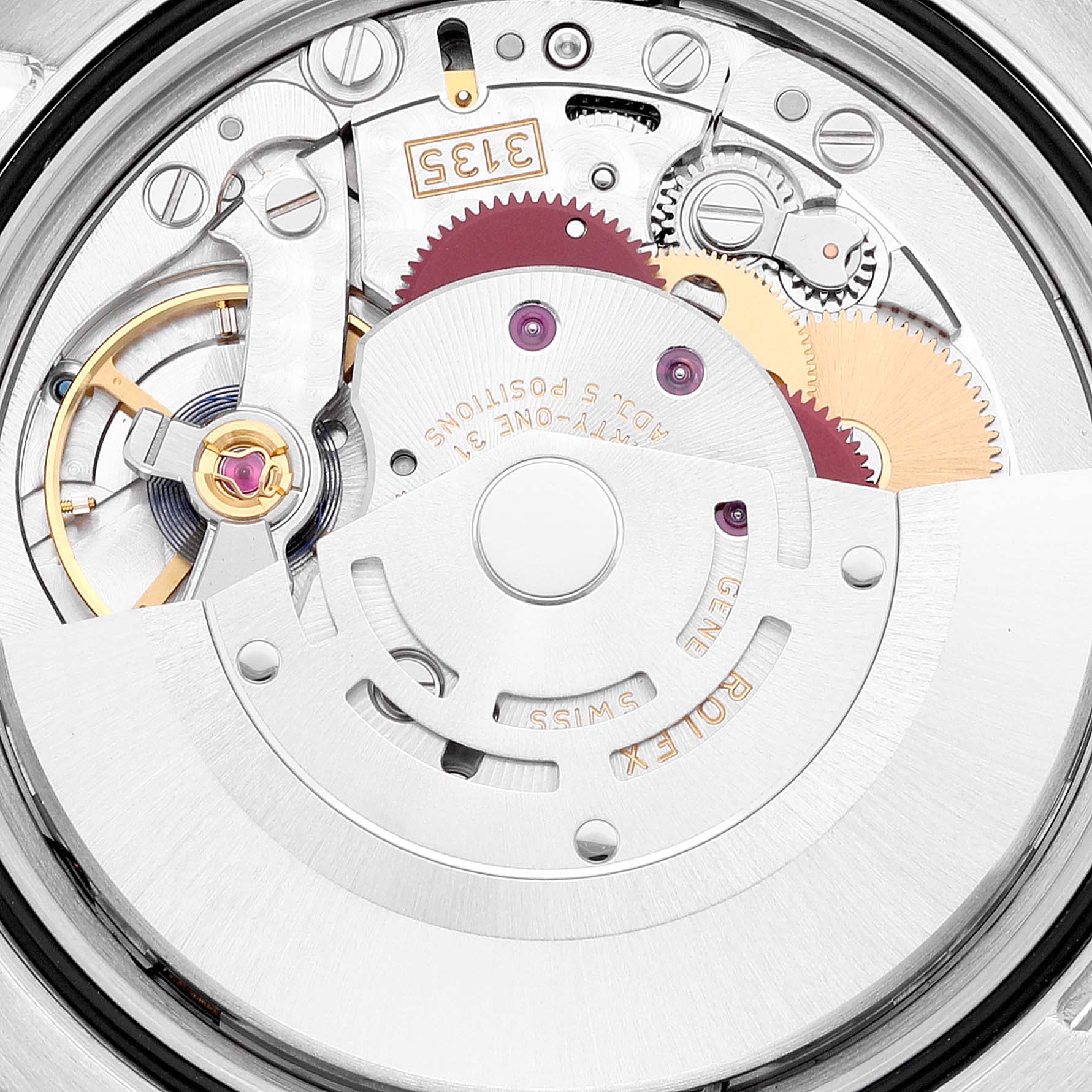 This image shows the inner movement mechanism of the Rolex Datejust 116234 Men's Stainless Steel White Dial 116234 Men's Stainless Steel White Dial watch from a close-up angle.