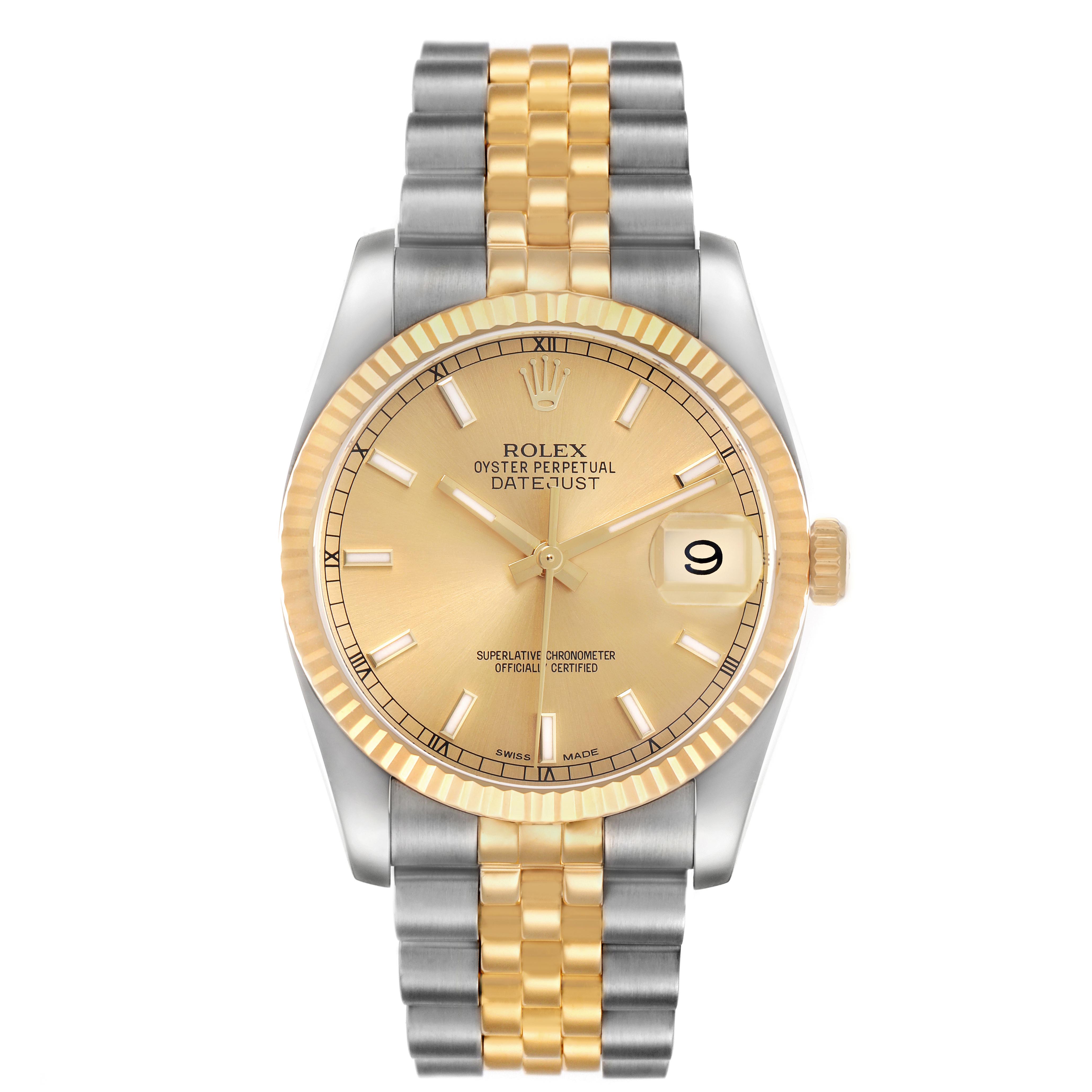 The Rolex Datejust 116233 Men
s Steel and Gold (two tone) Champagne Dial 116233 Men
s Steel and Gold (two tone) Champagne Dial watch is shown from a front angle, displaying the dial, bezel, and full two-tone bracelet.