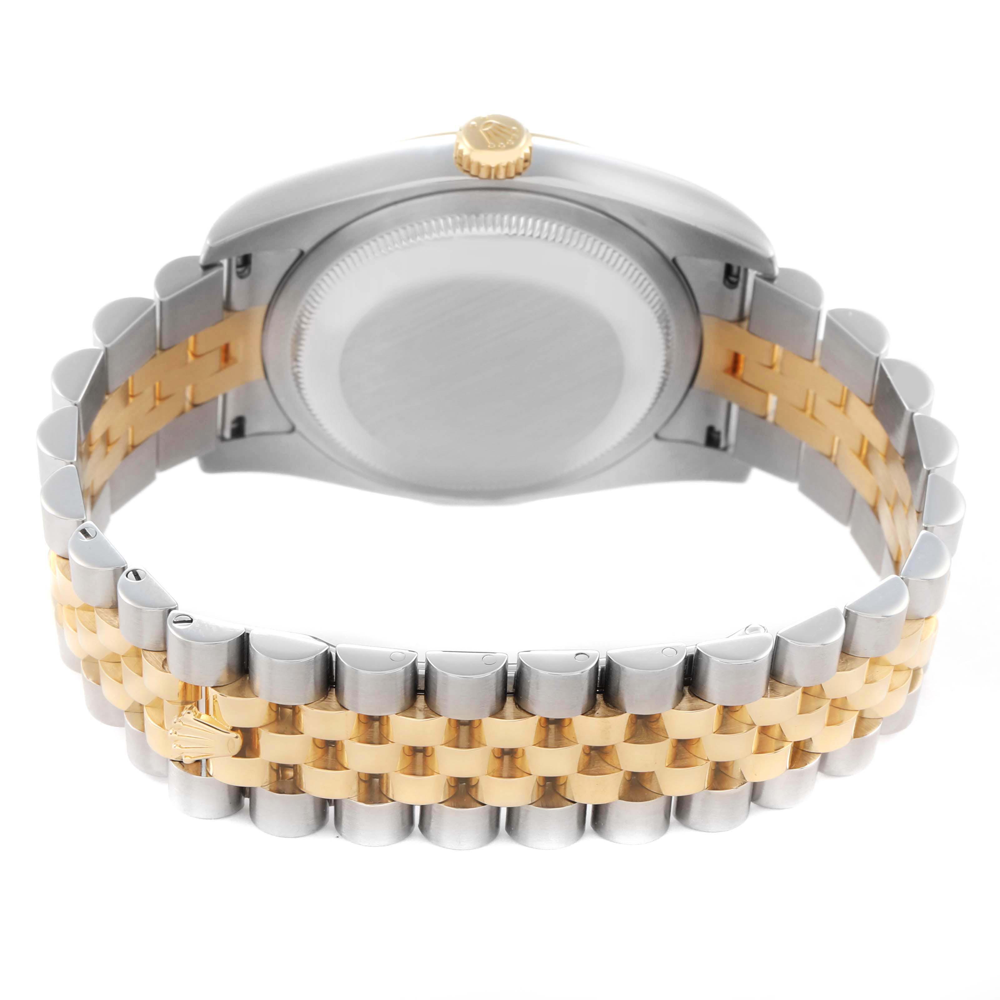 The image shows the back and sides of a Rolex Datejust 116233 Men
s Steel and Gold (two tone) Champagne Dial 116233 Men
s Steel and Gold (two tone) Champagne Dial watch, highlighting the case, bracelet, and crown.
