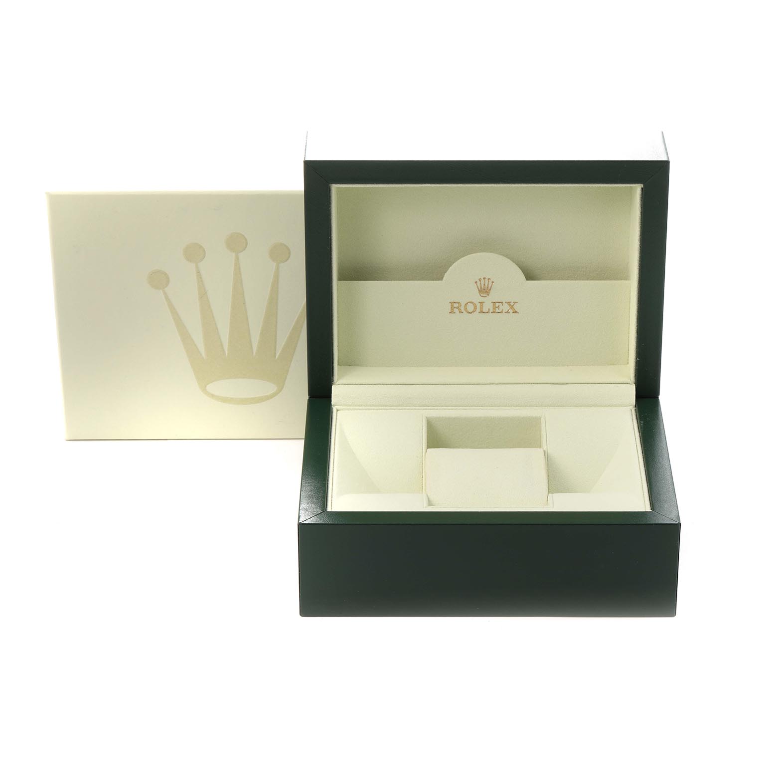 The image shows an open green and cream Rolex watch box, designed for the Datejust model.