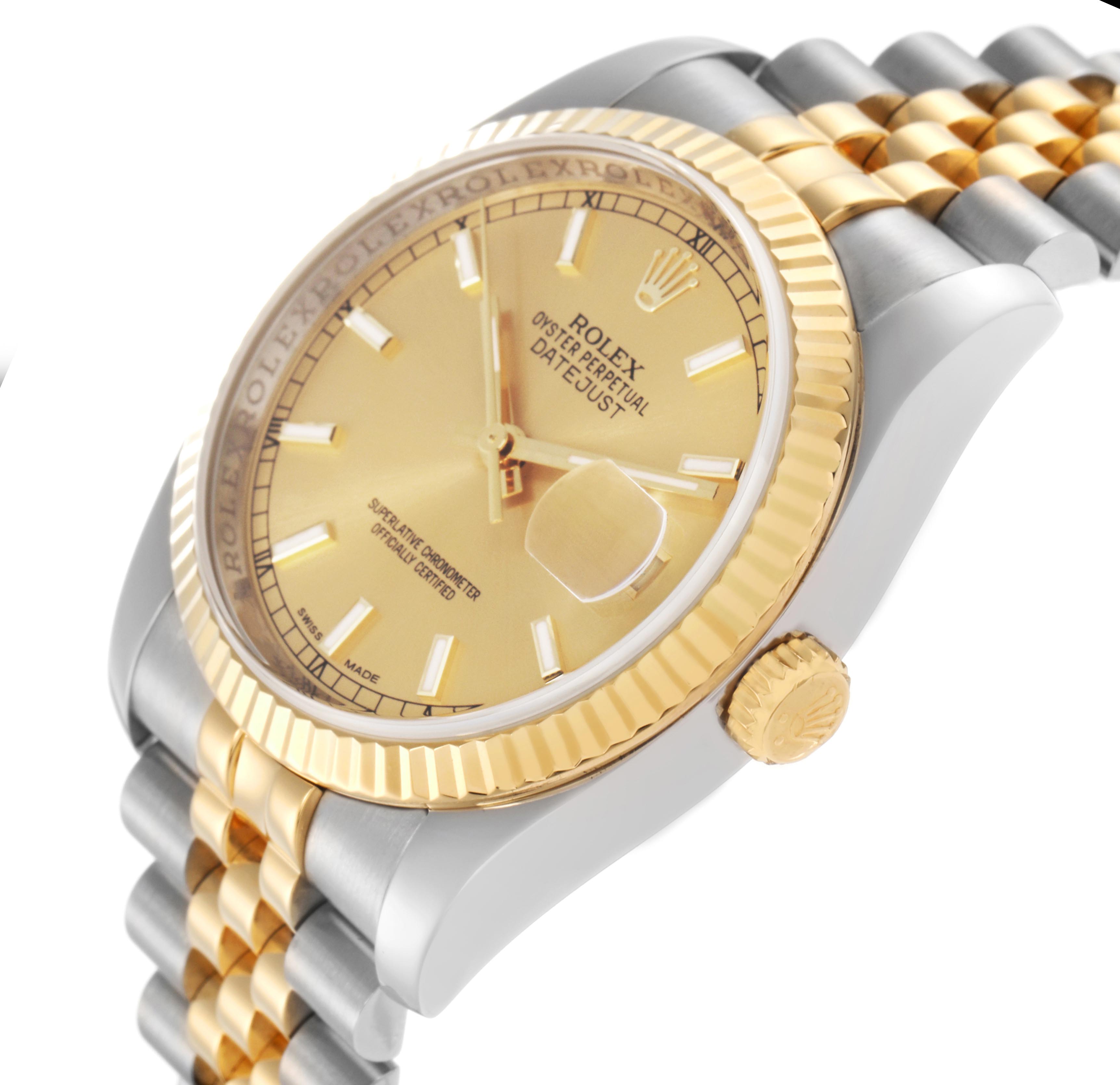 The Rolex Datejust 116233 Men
s Steel and Gold (two tone) Champagne Dial 116233 Men
s Steel and Gold (two tone) Champagne Dial watch is shown at an angled side view, displaying the gold bezel, champagne dial, and two-tone bracelet.