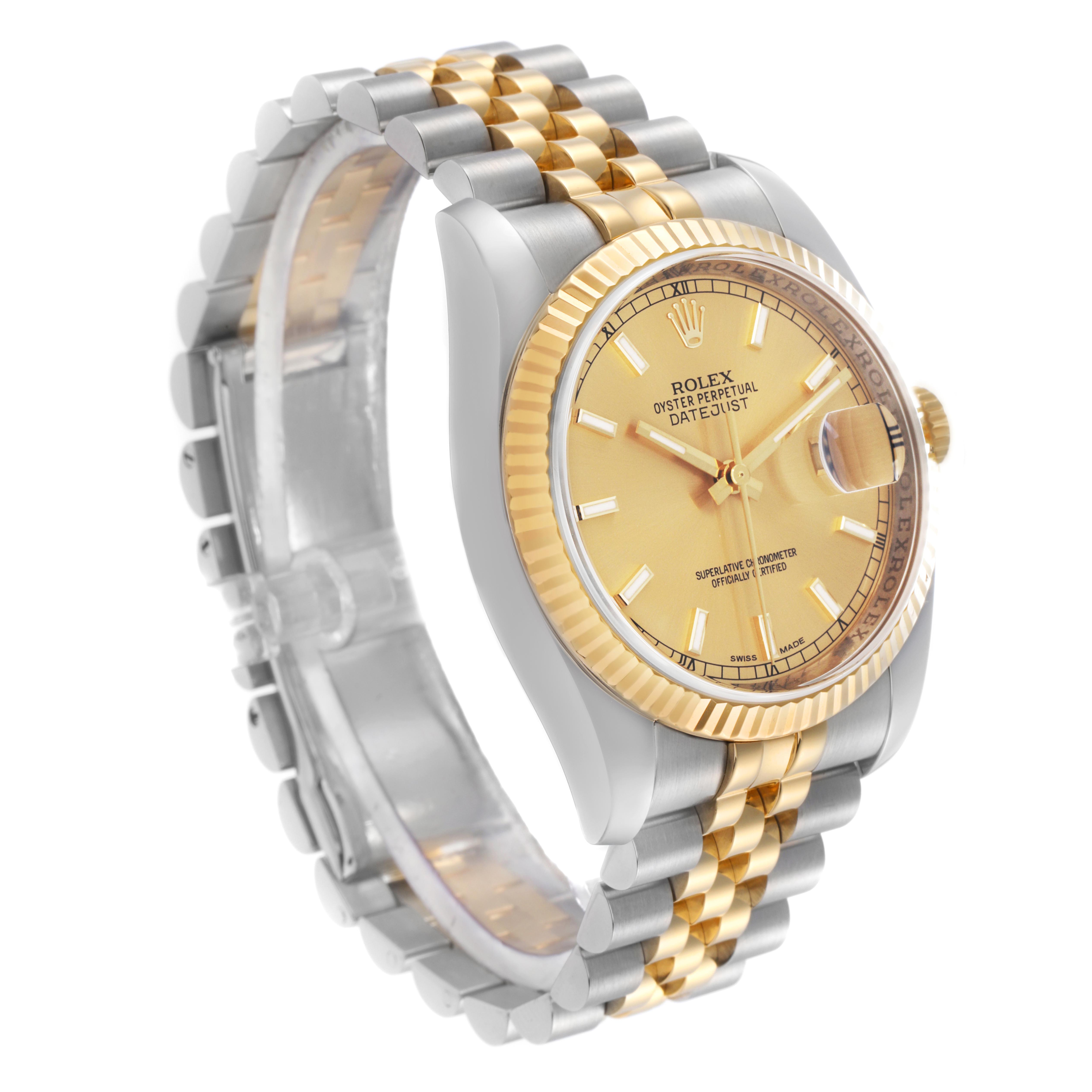 The Rolex Datejust 116233 Men
s Steel and Gold (two tone) Champagne Dial 116233 Men
s Steel and Gold (two tone) Champagne Dial watch is shown at an angled side view, displaying the face, bezel, and two-tone bracelet.
