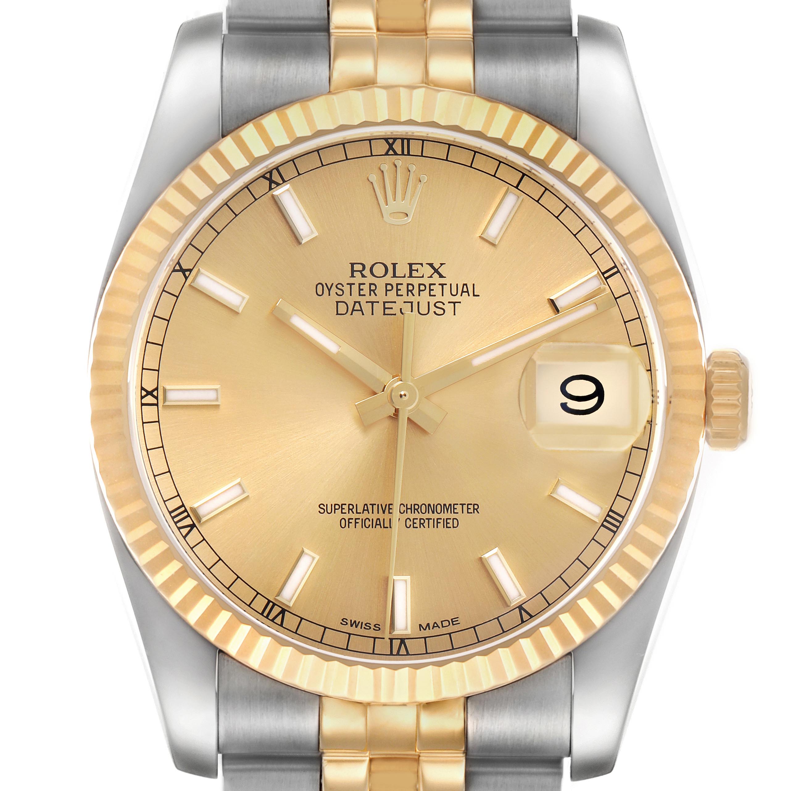 The Rolex Datejust 116233 Men
s Steel and Gold (two tone) Champagne Dial 116233 Men
s Steel and Gold (two tone) Champagne Dial watch is shown from the front, highlighting its gold and silver bezel, dial, hands, and date display.