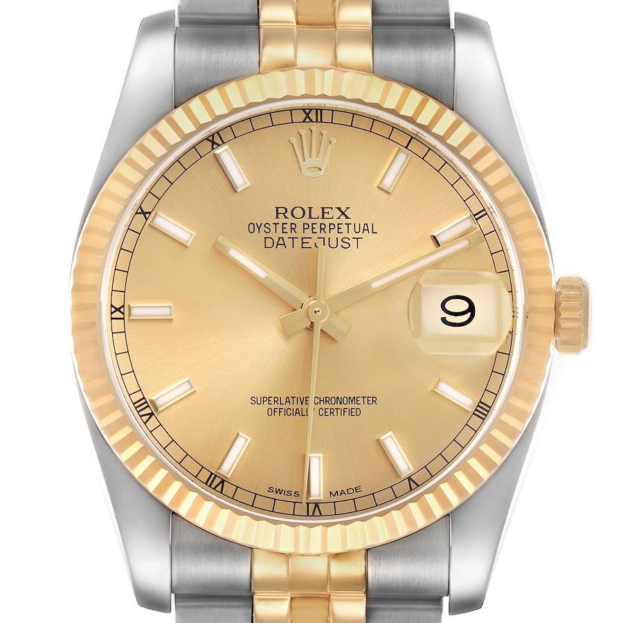 The Rolex Datejust watch is shown from the front, highlighting its gold and silver bezel, dial, hands, and date display.