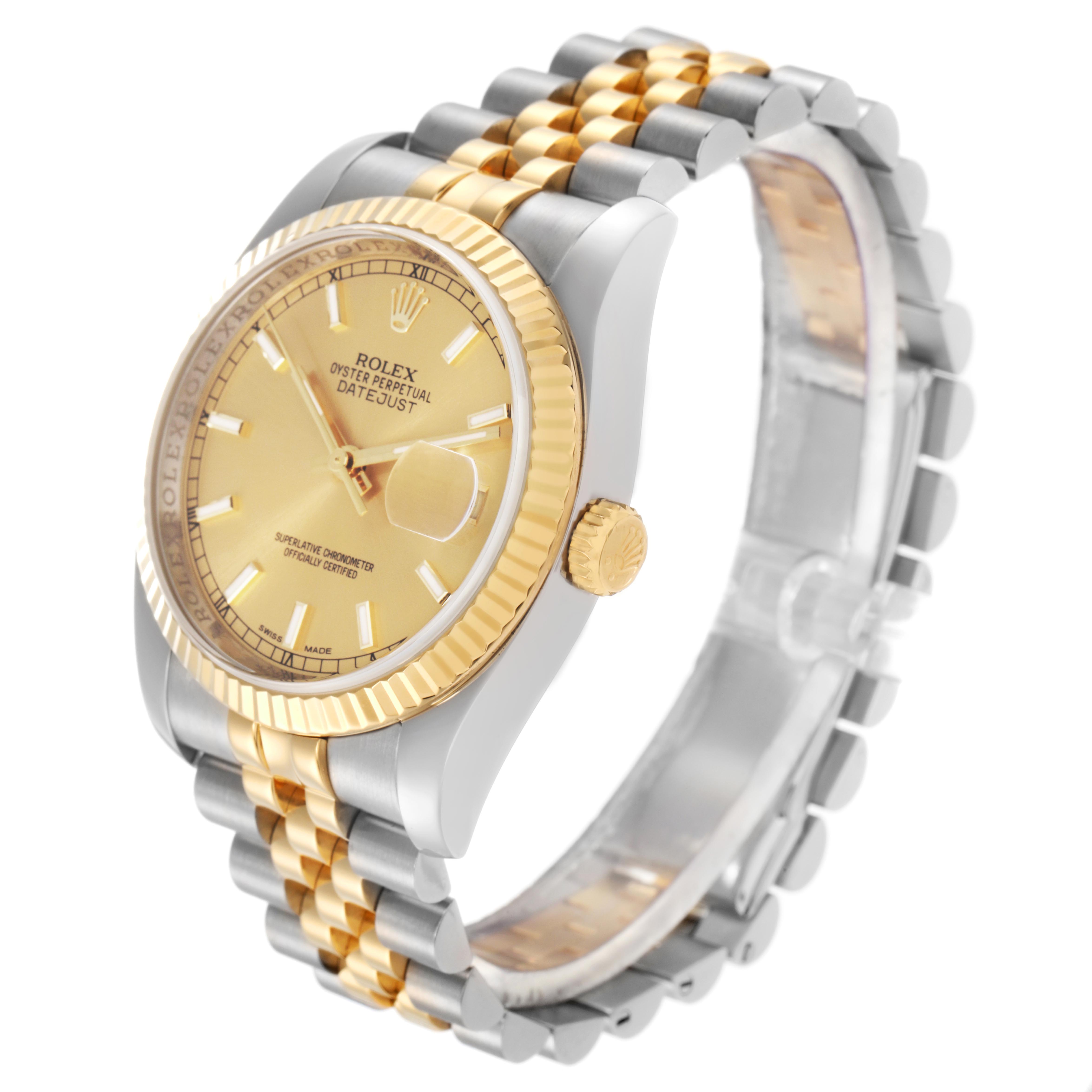 The Rolex Datejust 116233 Men
s Steel and Gold (two tone) Champagne Dial 116233 Men
s Steel and Gold (two tone) Champagne Dial watch is shown at a slight angle, highlighting its gold bezel, crown, dial, and two-tone bracelet.